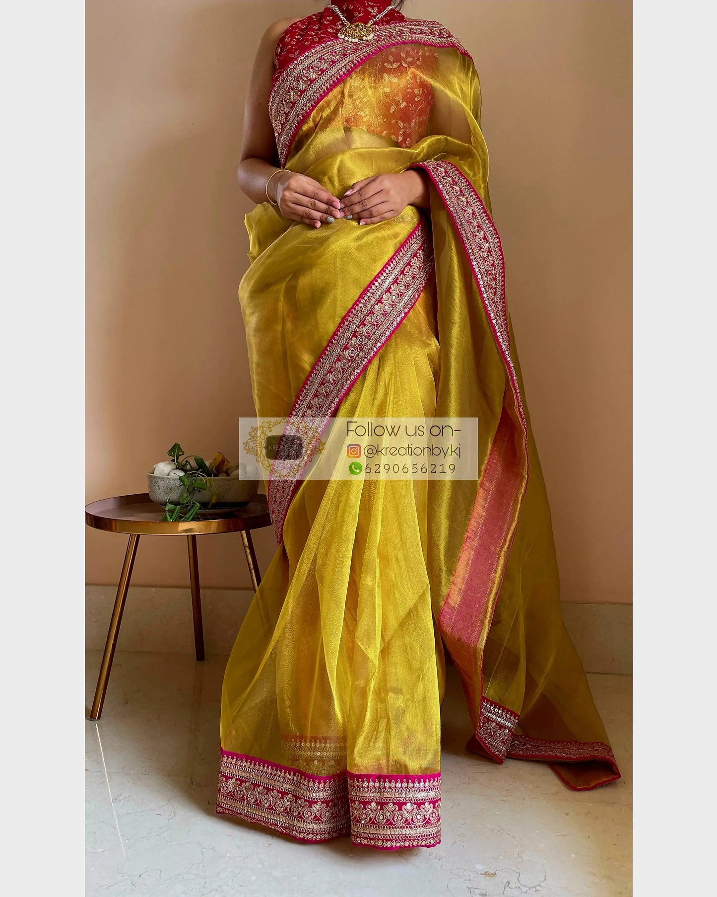 Gold Tissue Silk Saree with Fuschia Border kreationbykj