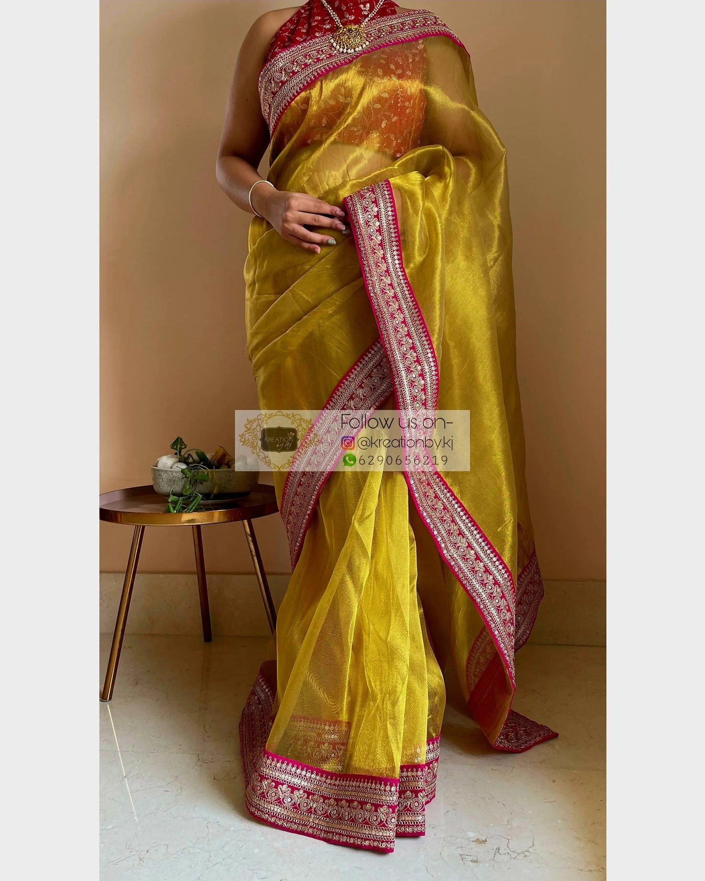 Gold Tissue Silk Saree with Fuschia Border kreationbykj