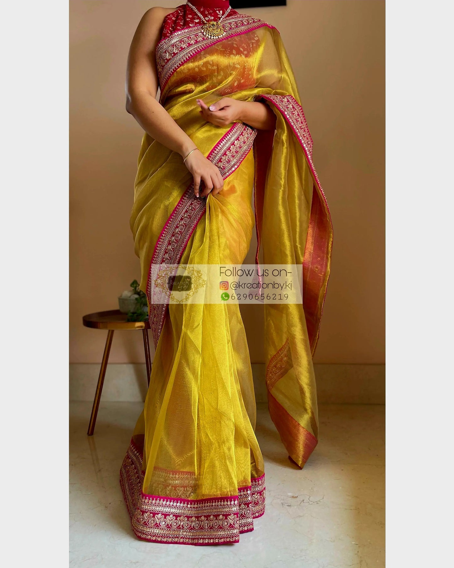 Gold Tissue Silk Saree with Fuschia Border kreationbykj