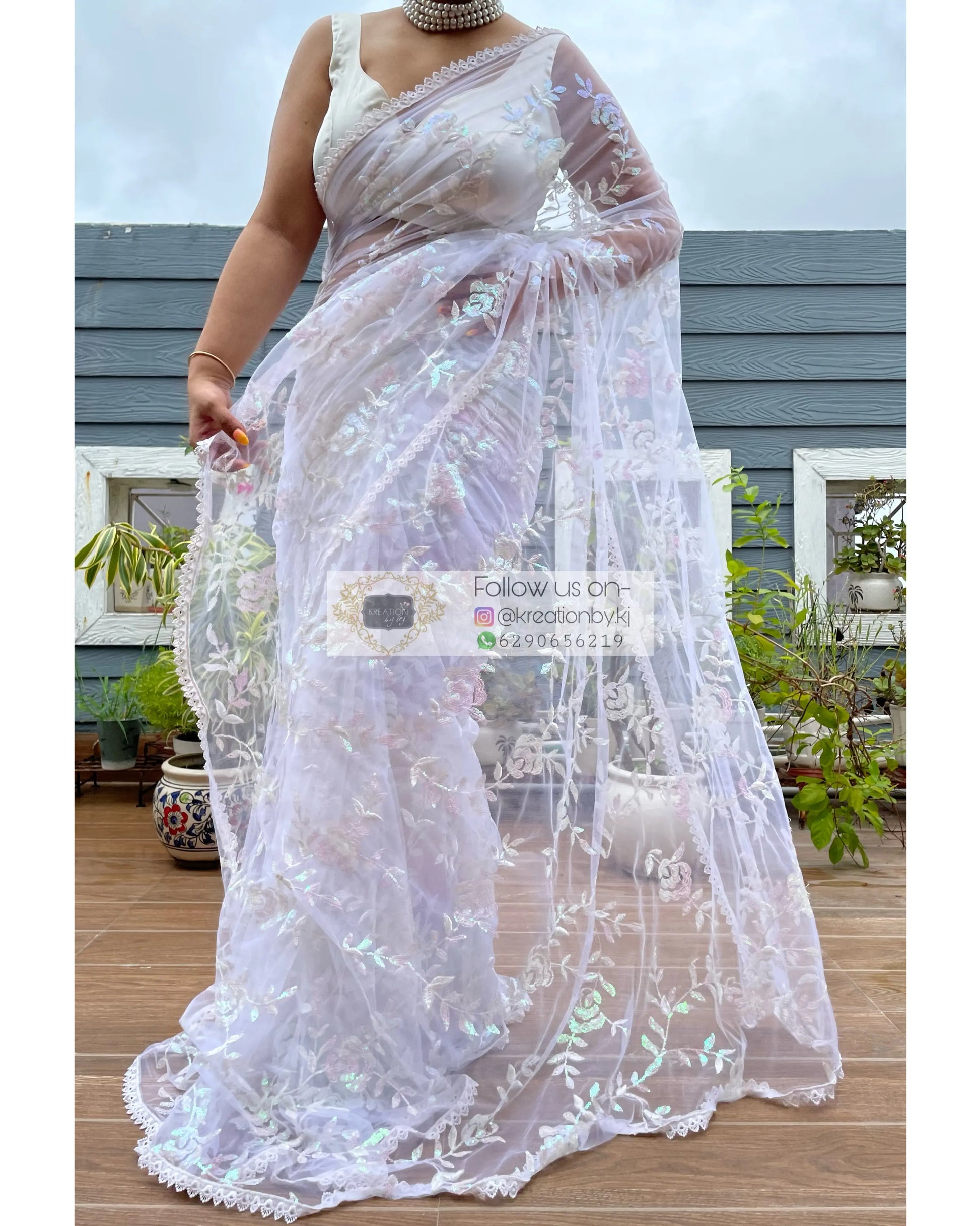 White Bahar e Gul Net Saree kreationbykj