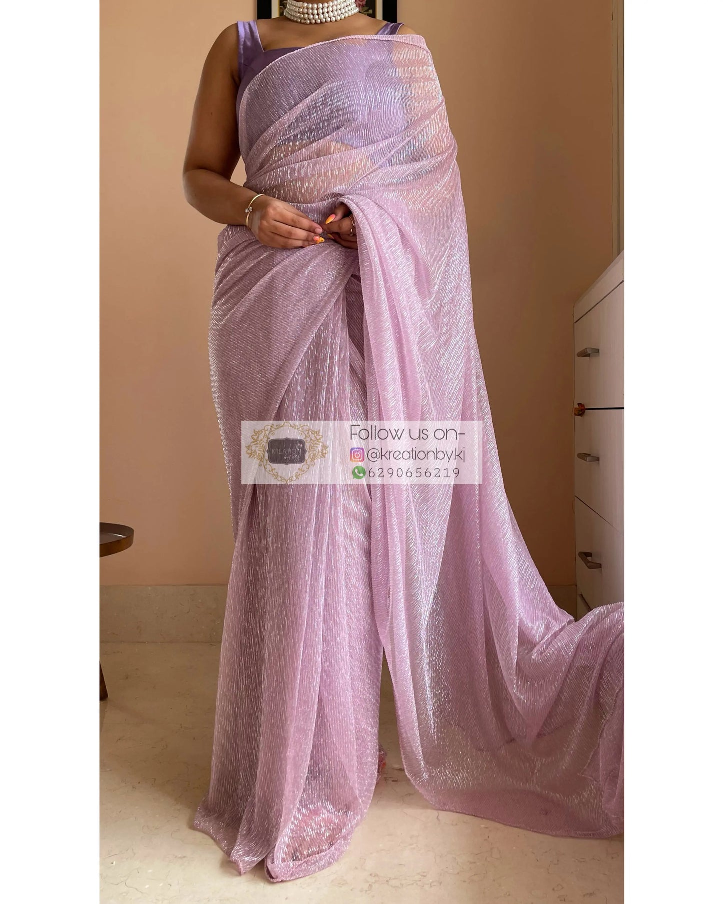 Lilac Shimmer Pleated Net Saree For Romantic Date kreationbykj