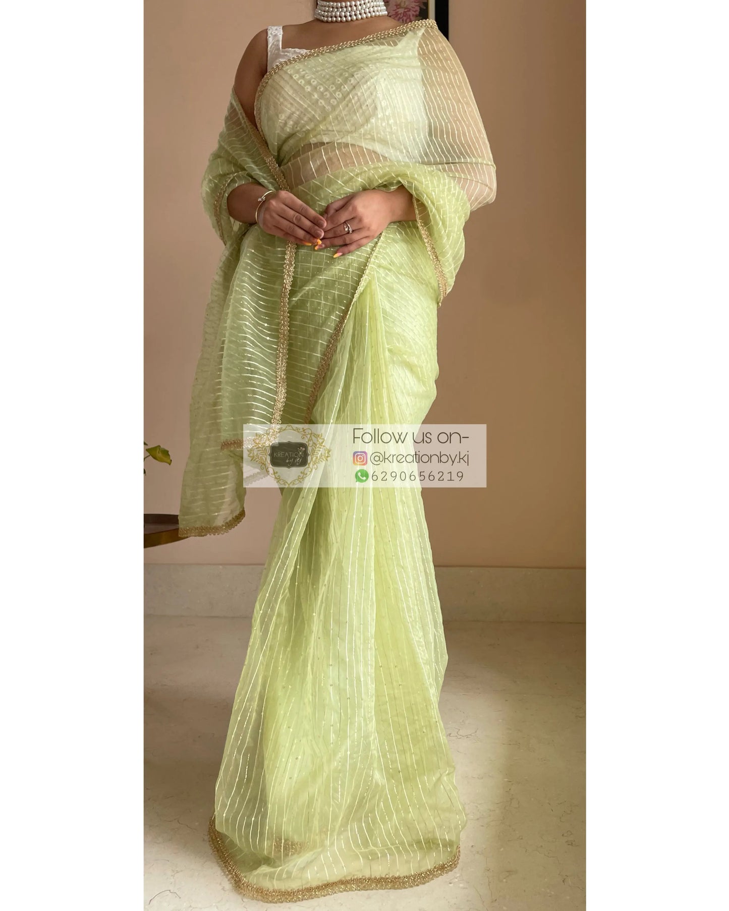 Green Organza Saree with Stripes kreationbykj