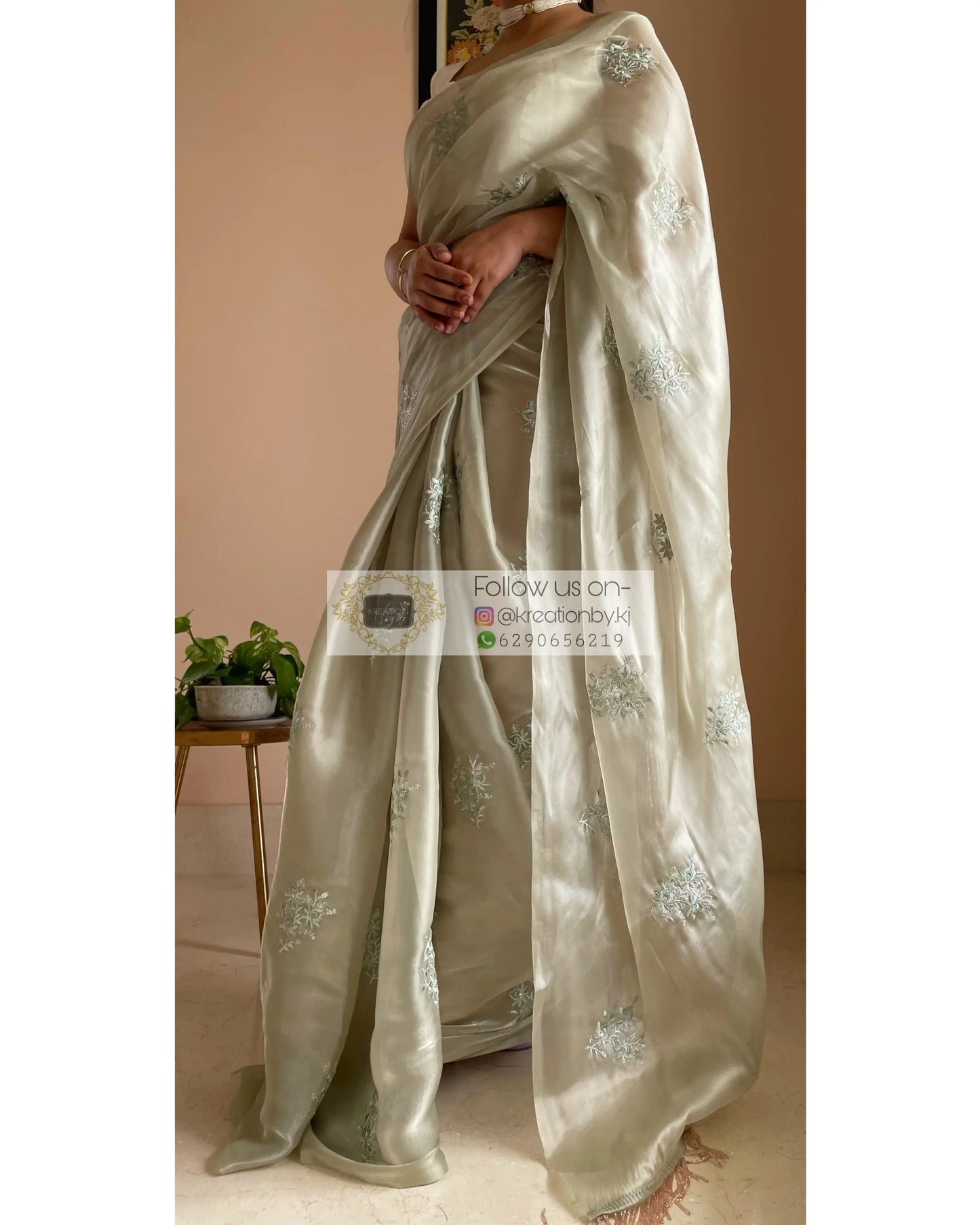 Ash Green Glass Organza Saree with Embroidery kreationbykj