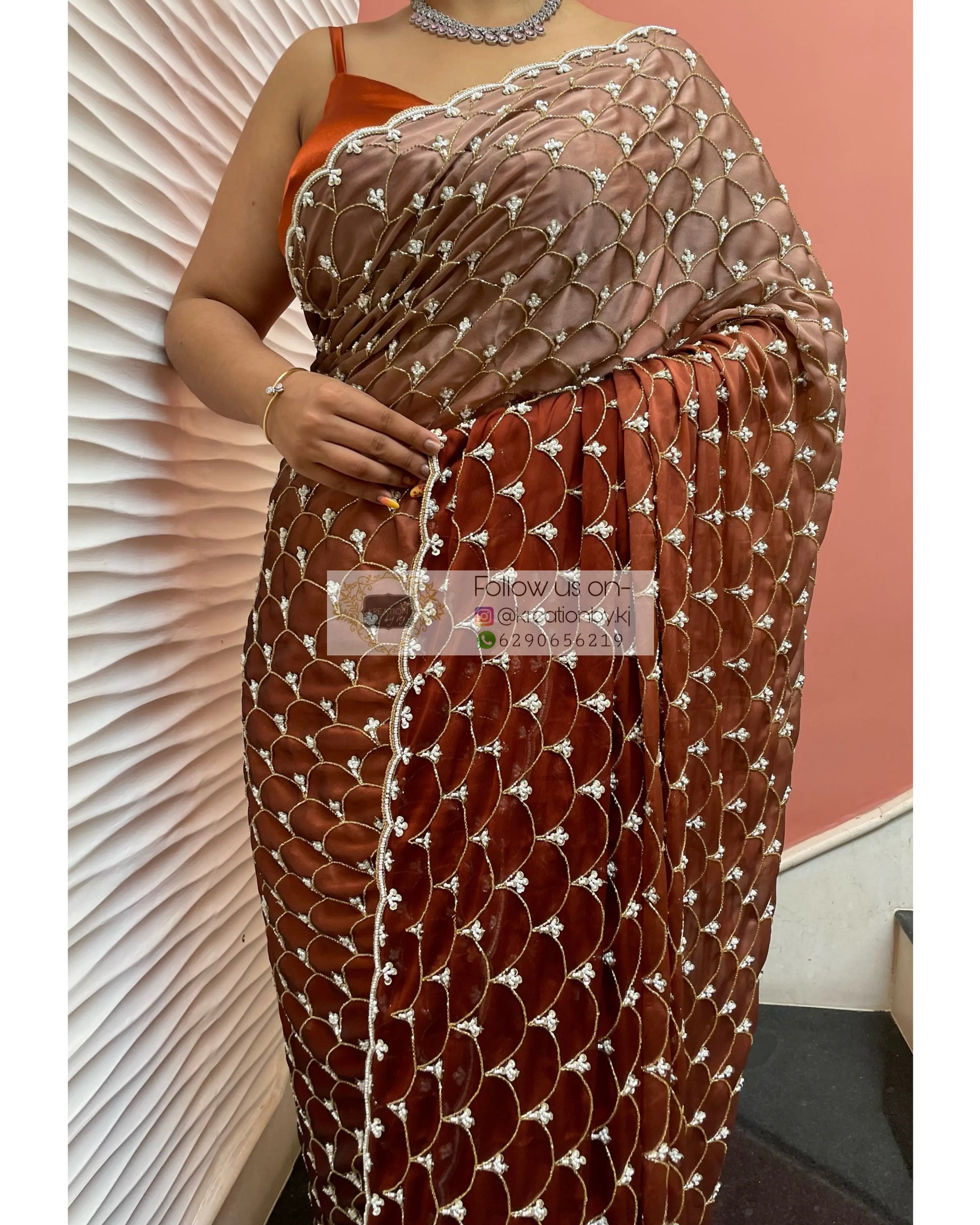 Espresso Martini Ombré Cutdana Mehraab Jaal  Designer Saree kreationbykj