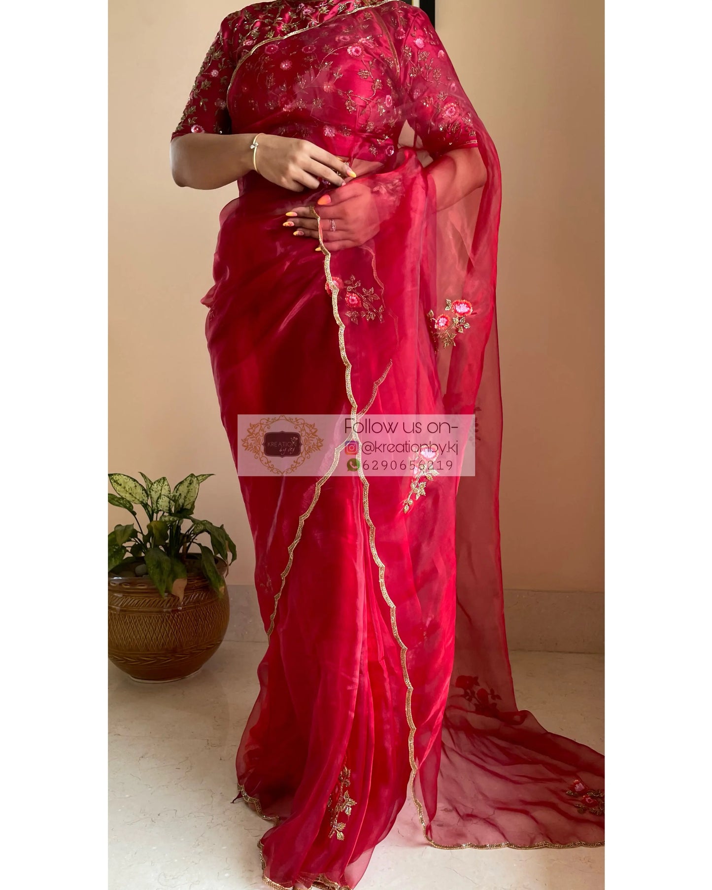 Remember the Roses Red Glass Tissue Saree - kreationbykj
