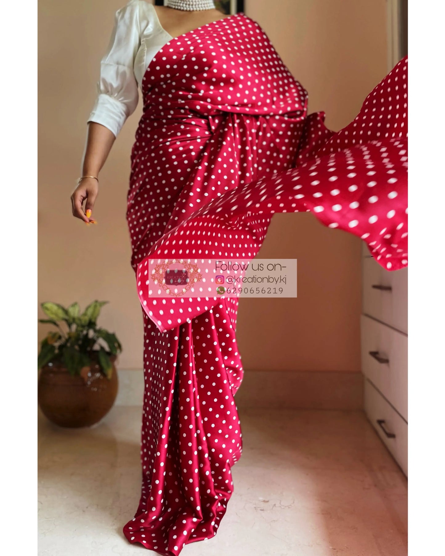 Maroon Polka Dot Satin Silk Saree kreationbykj