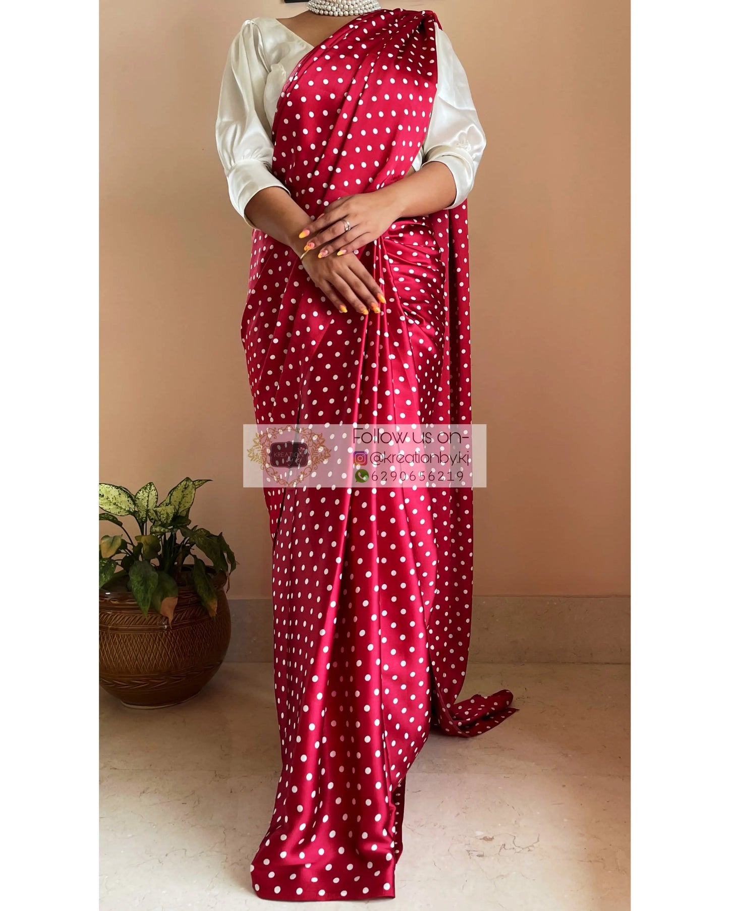 Maroon Polka Dot Satin Silk Saree kreationbykj