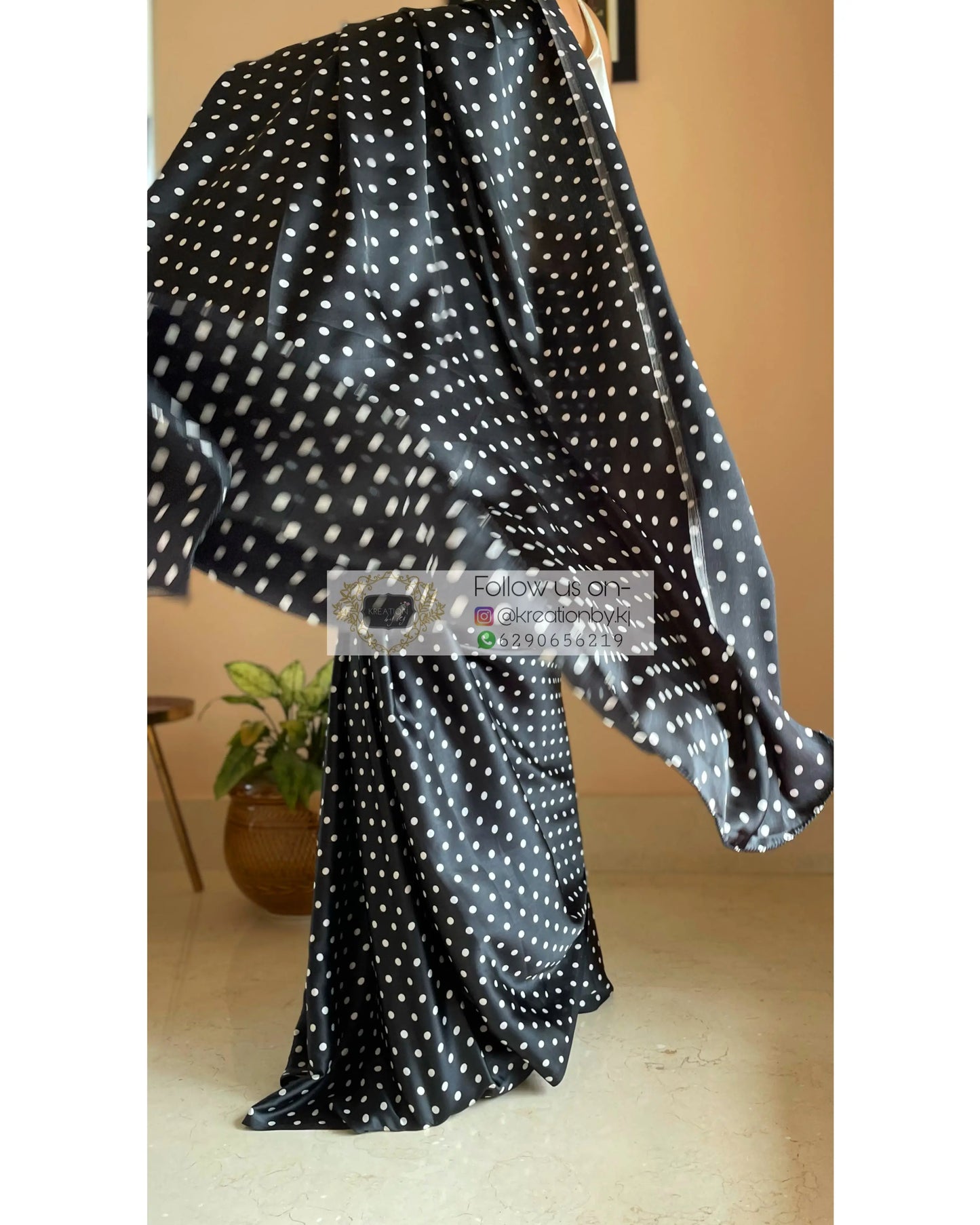 Black Polka Dot Satin Silk Saree kreationbykj