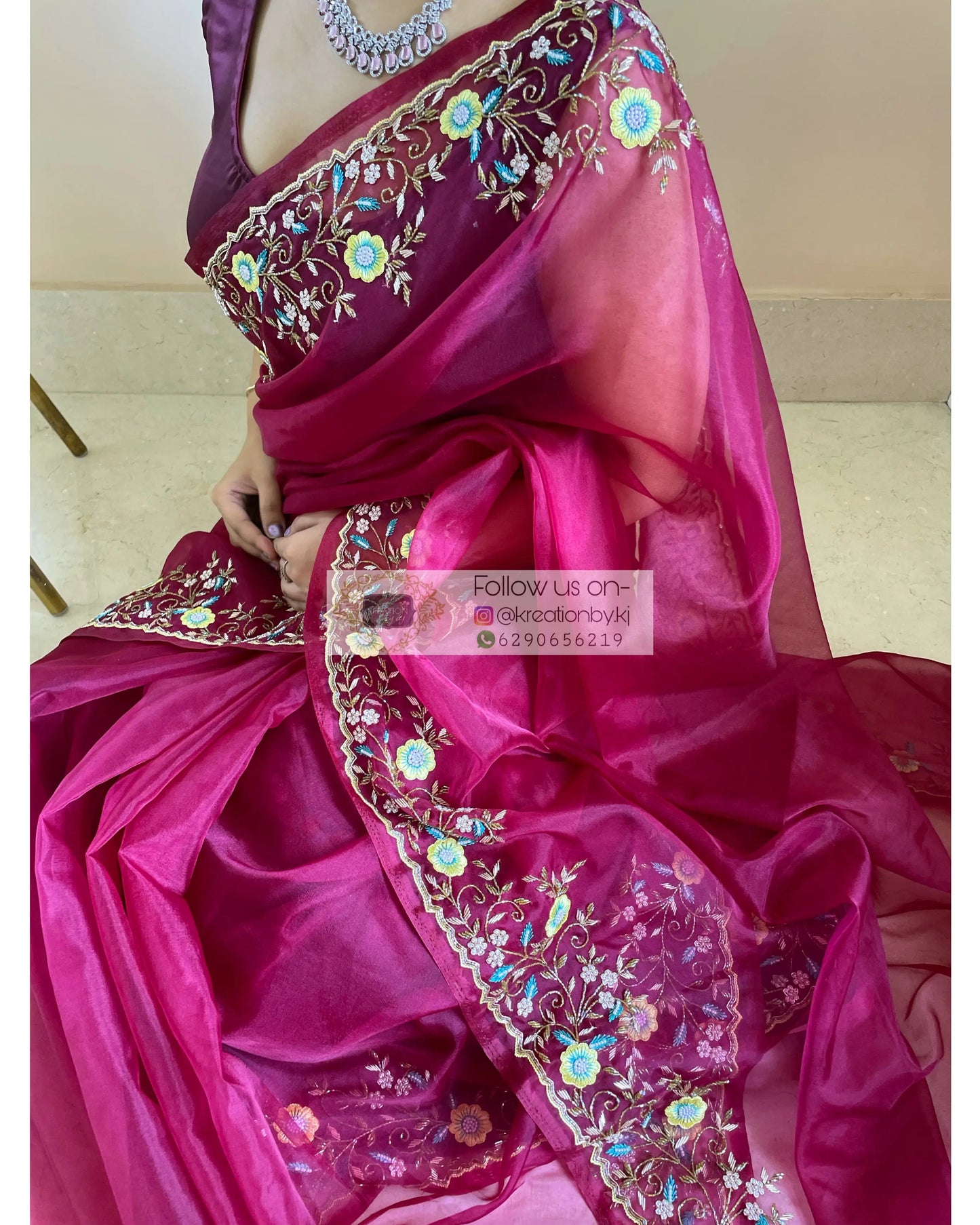 Pankhuri Wine Organza Saree - kreationbykj
