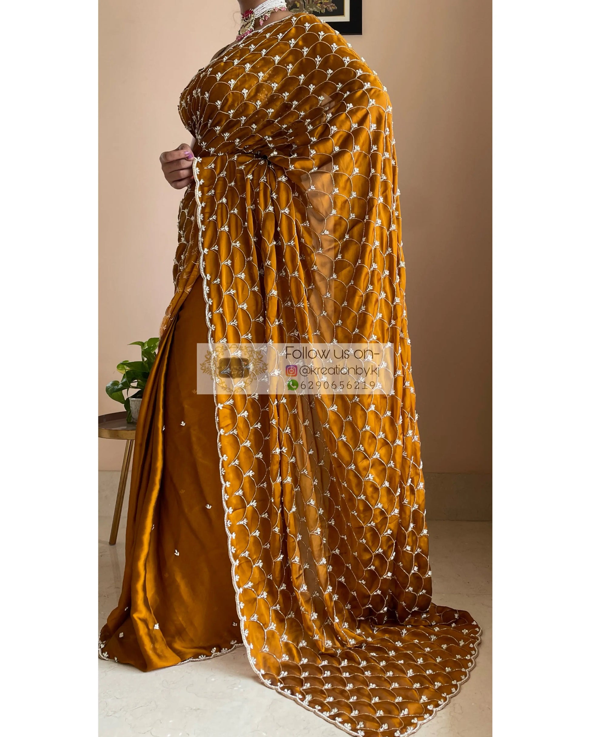Mustard Golden Cutdana Mehraab Jaal Saree for Haldi kreationbykj