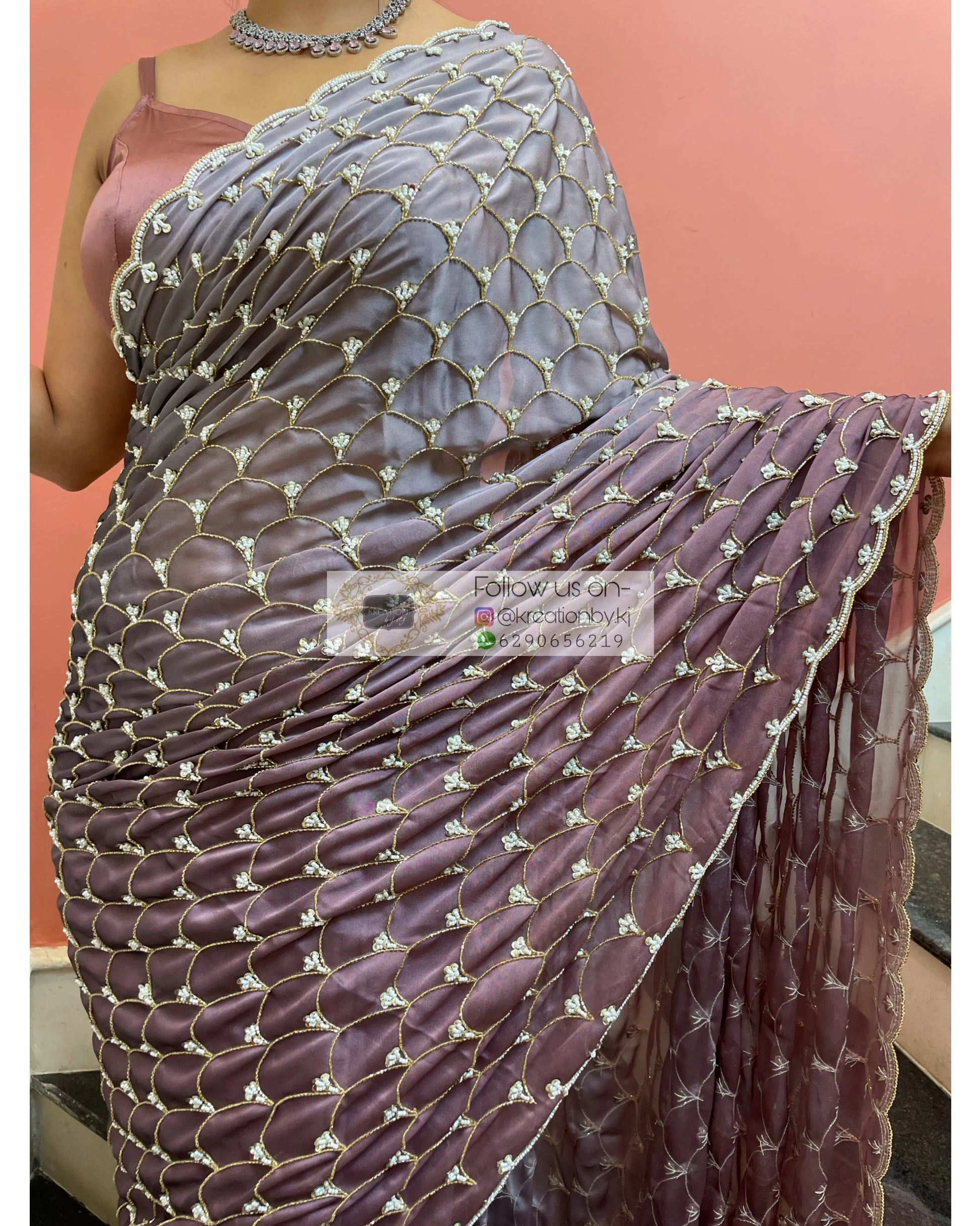 Grey- Mauve Ombré Cutdana Mehraab Jaal Cocktail Saree kreationbykj