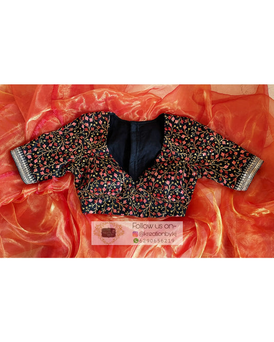 Raw silk embellished Black Blouse - kreationbykj