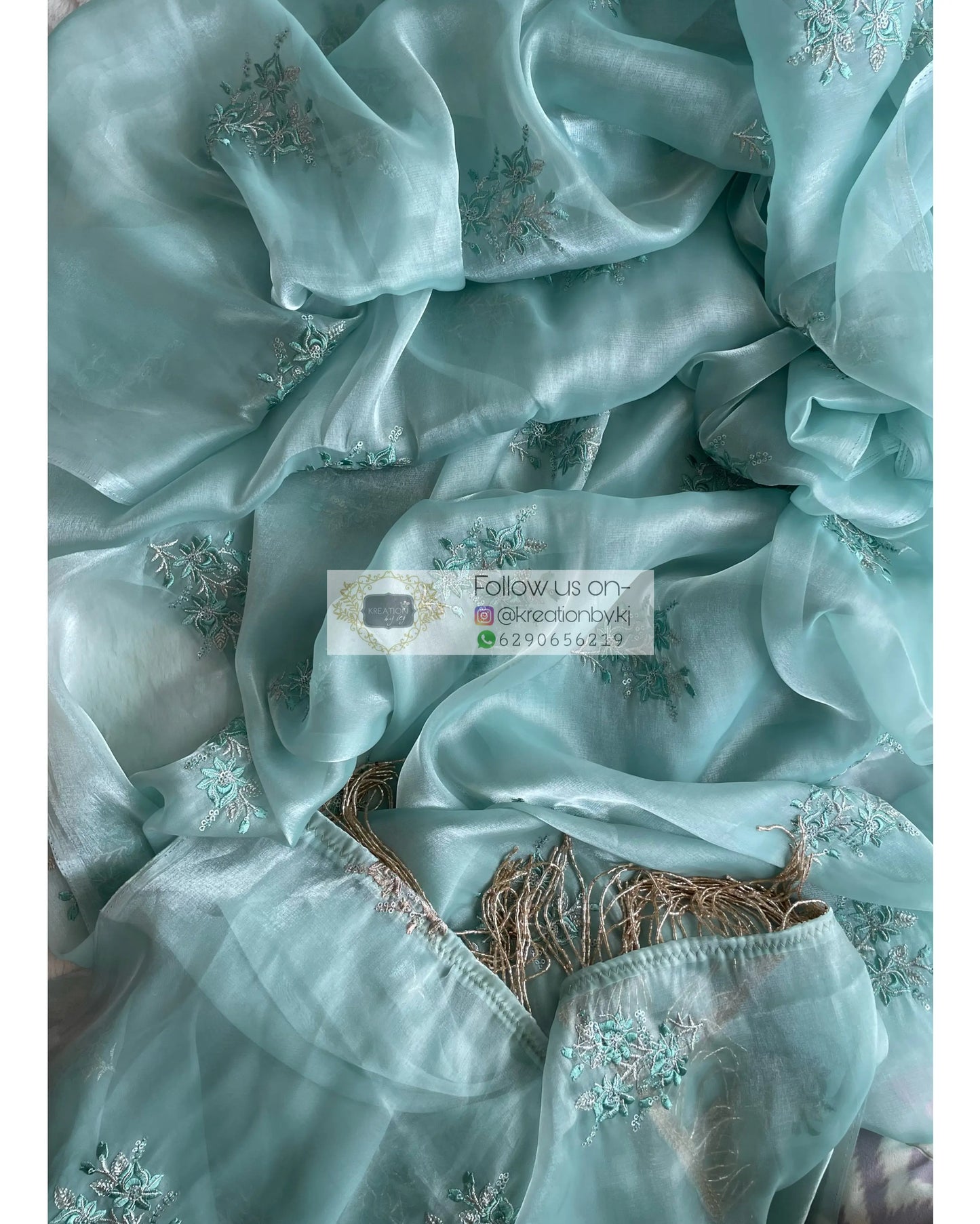 Blue Glass Organza Saree with Embroidery kreationbykj