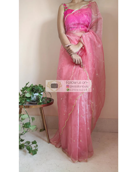 Peach Glass Tissue Saree with scalloping - kreationbykj