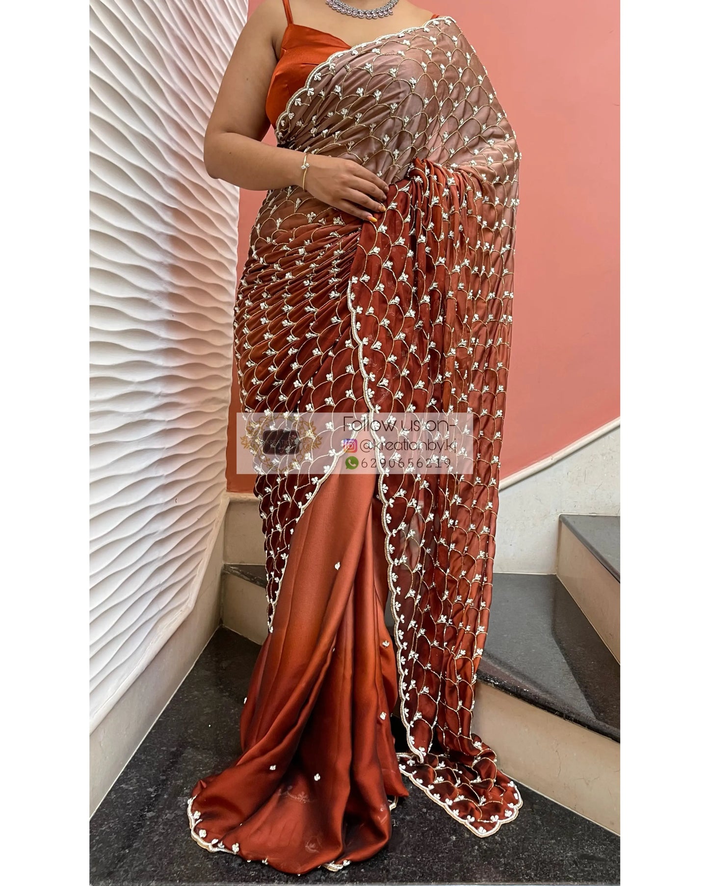 Espresso Martini Ombré Cutdana Mehraab Jaal  Designer Saree kreationbykj