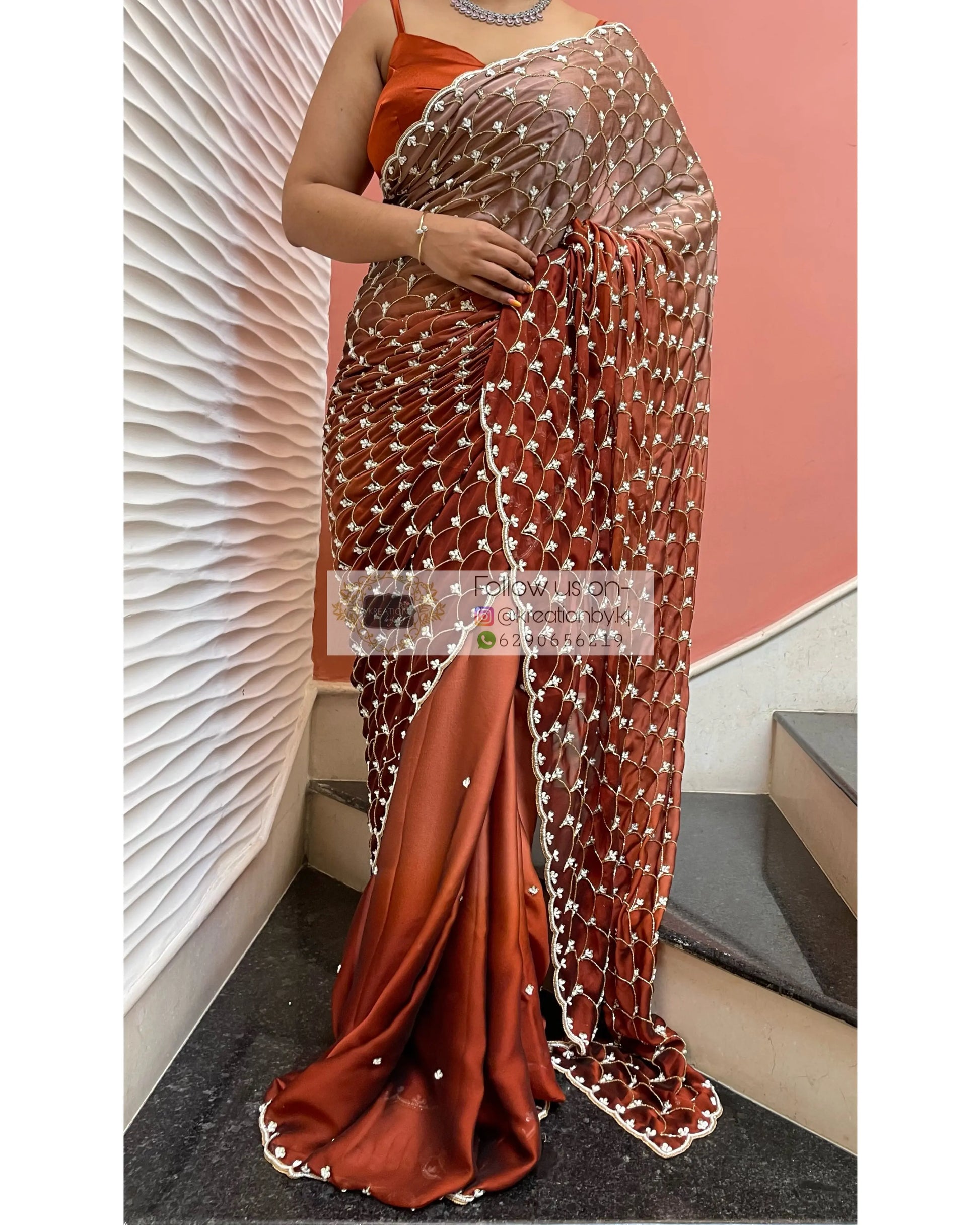 Espresso Martini Ombré Cutdana Mehraab Jaal  Designer Saree kreationbykj