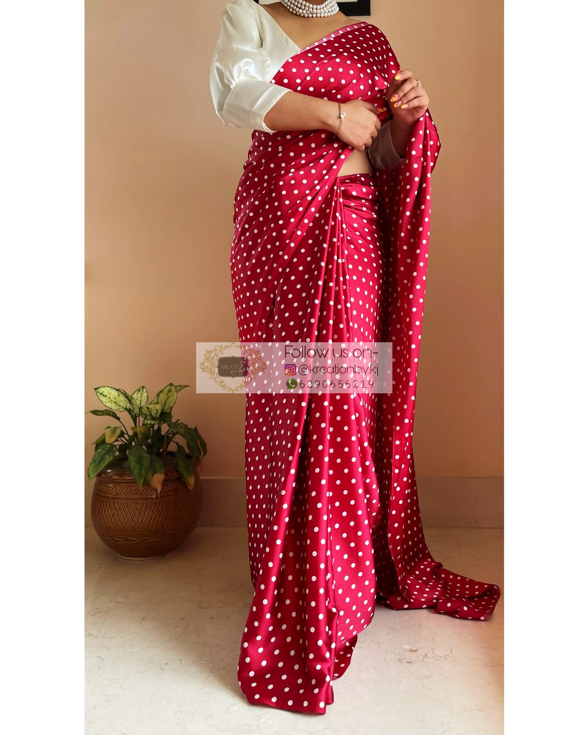 Maroon Polka Dot Satin Silk Saree kreationbykj