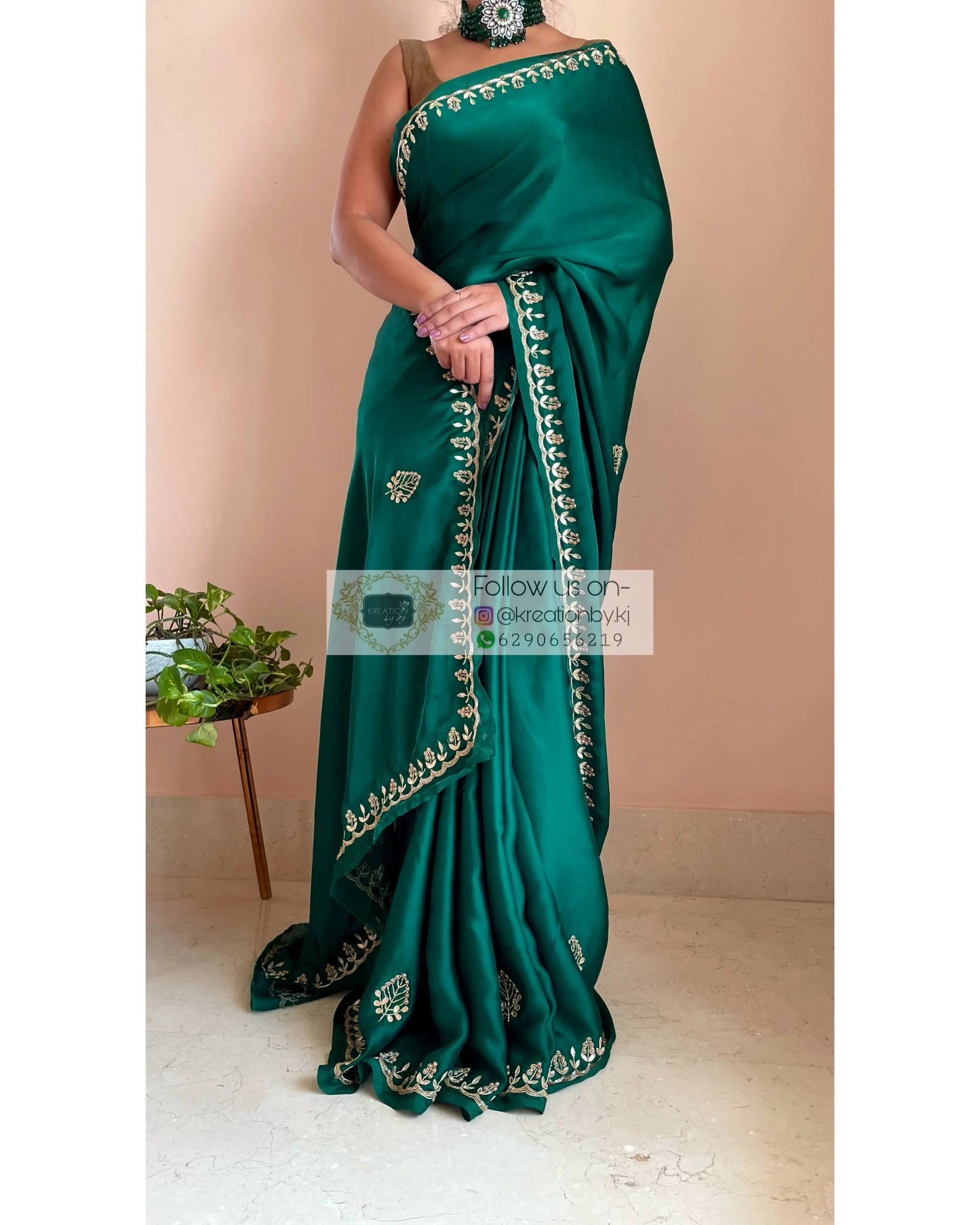 Green Satin Silk Saree with Gota Patti Border