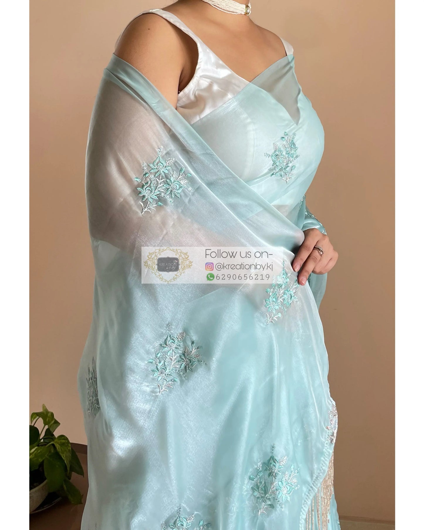 Blue Glass Organza Saree with Embroidery kreationbykj