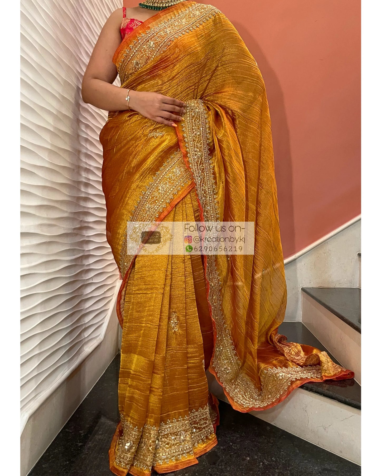 Fiery Gold Zari Tissue Zarina Saree kreationbykj