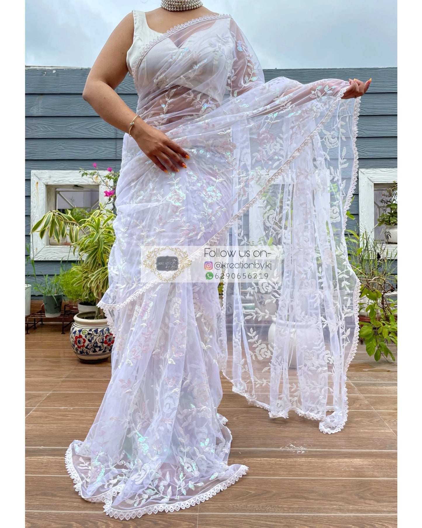 White Bahar e Gul Net Saree kreationbykj