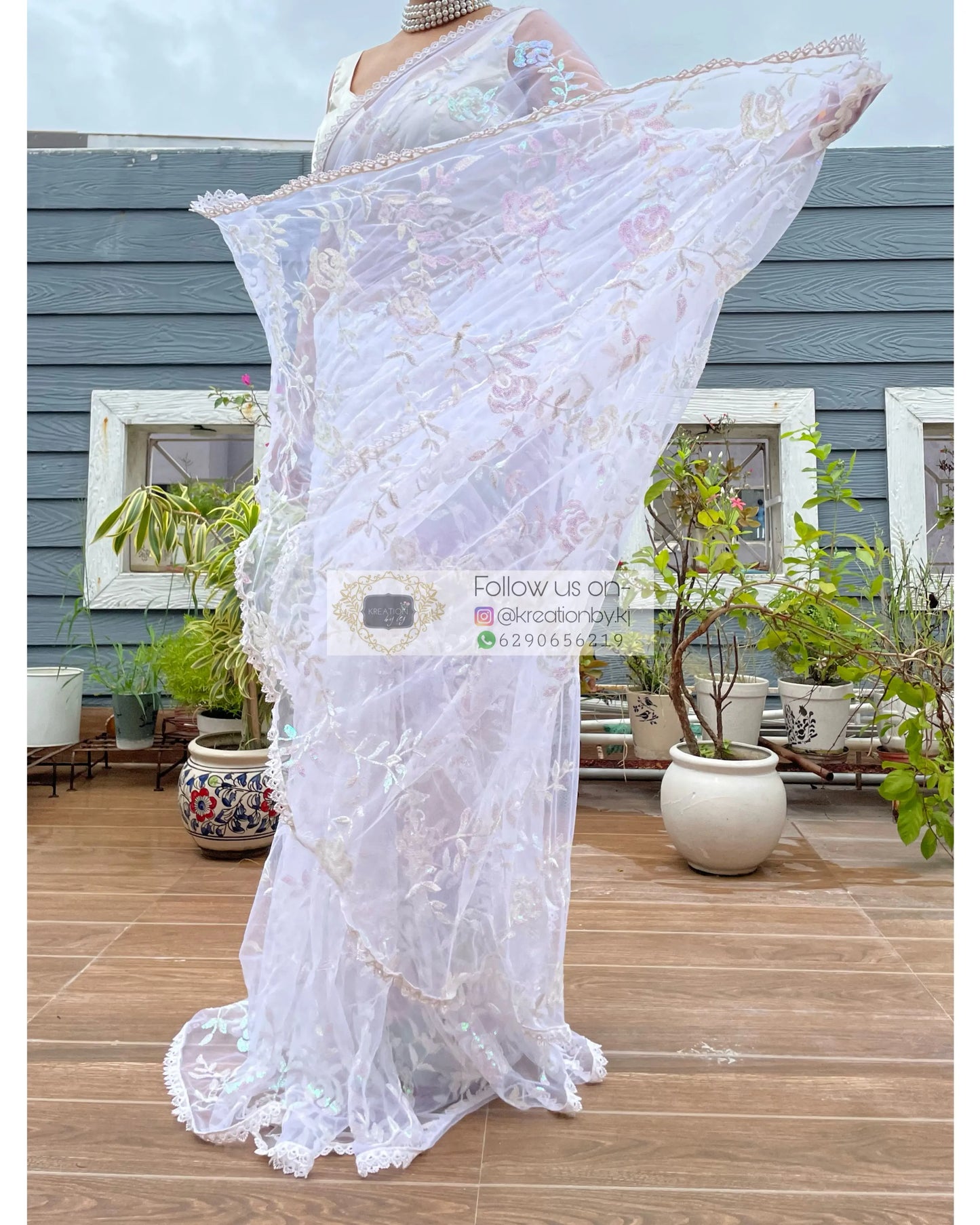 White Bahar e Gul Net Saree kreationbykj