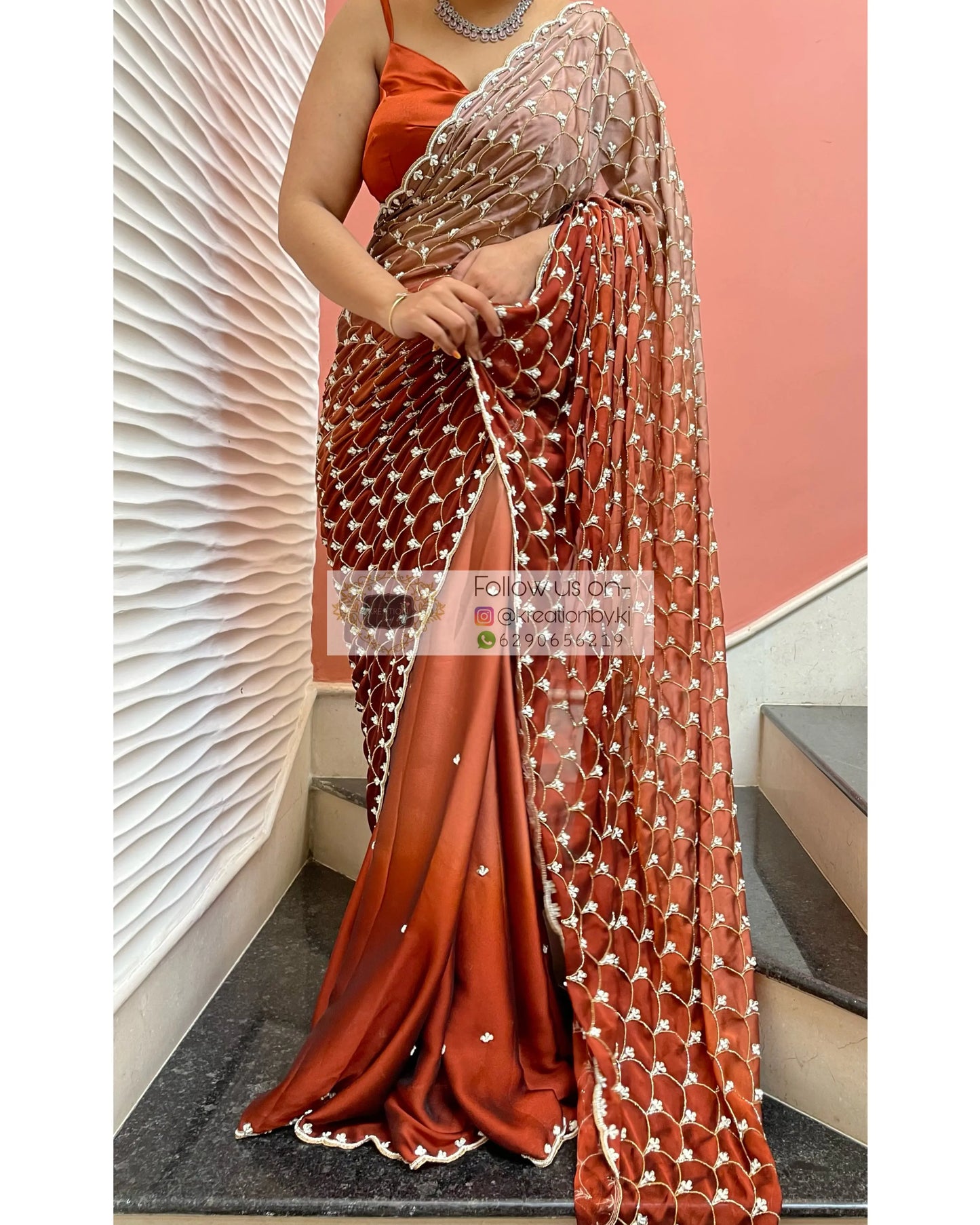 Espresso Martini Ombré Cutdana Mehraab Jaal  Designer Saree kreationbykj