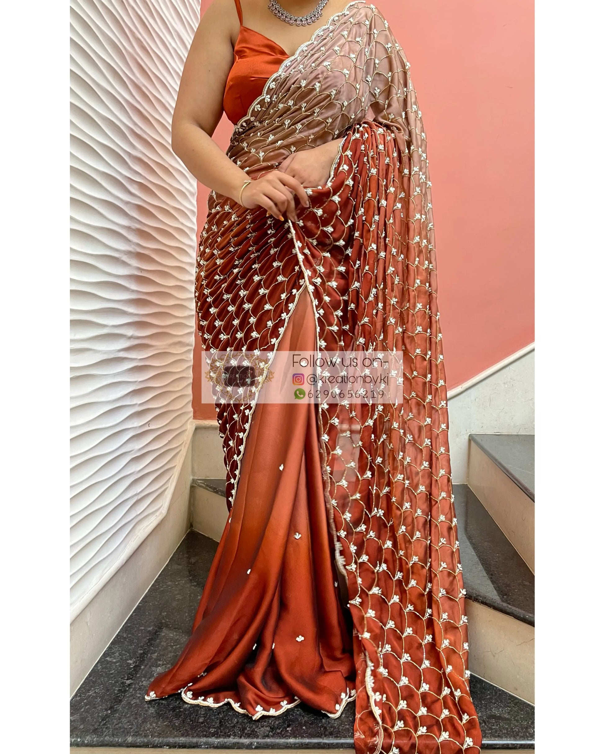 Espresso Martini Ombré Cutdana Mehraab Jaal  Designer Saree kreationbykj