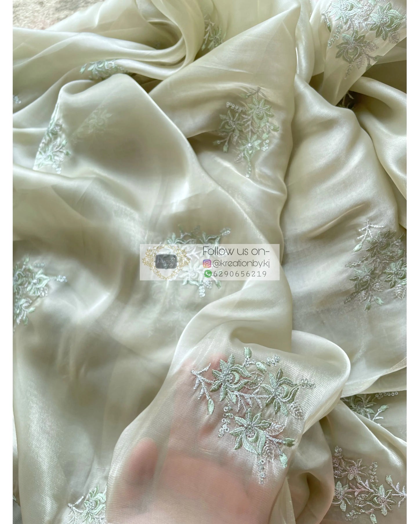 Ash Green Glass Organza Saree with Embroidery kreationbykj