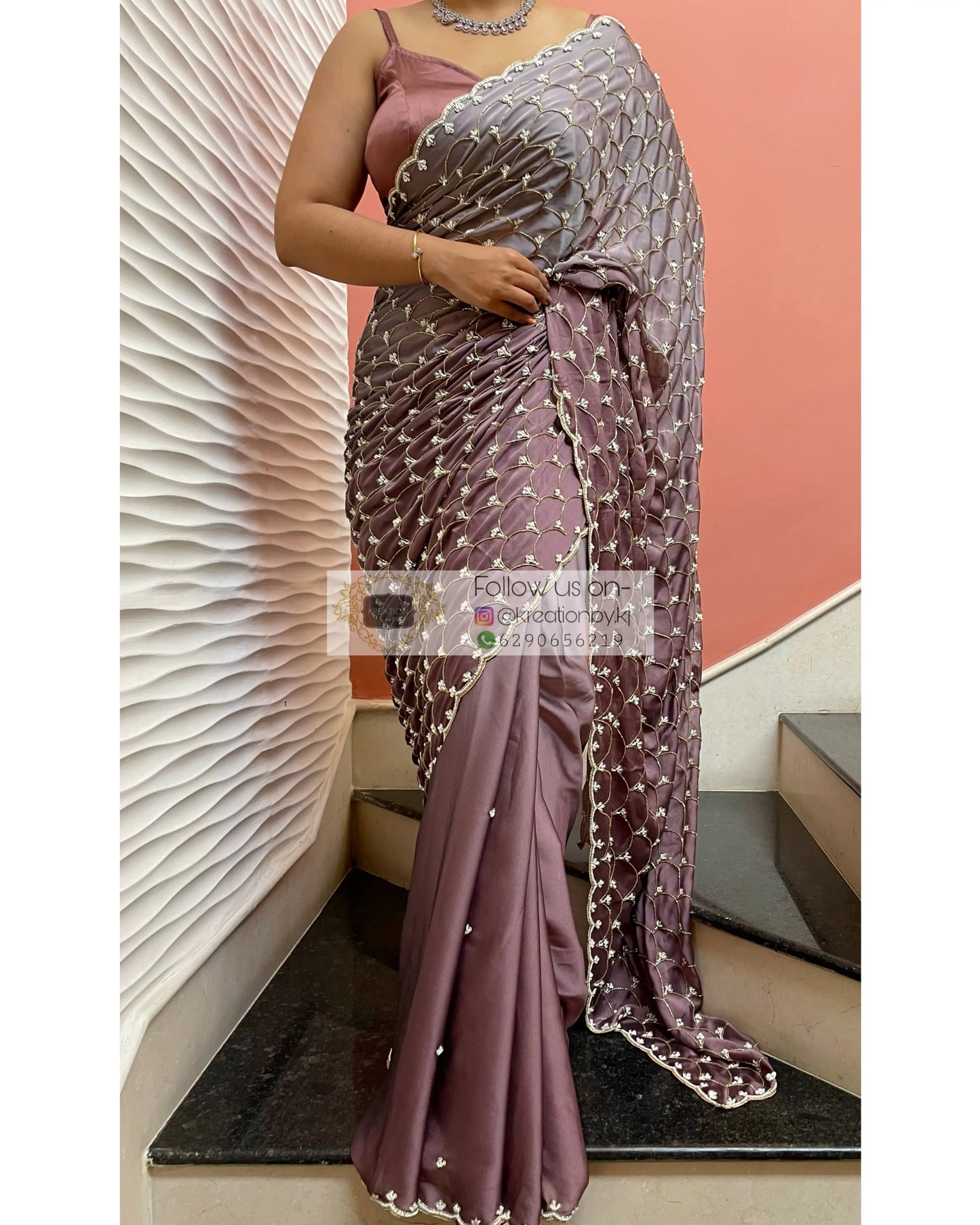 Grey- Mauve Ombré Cutdana Mehraab Jaal Cocktail Saree kreationbykj