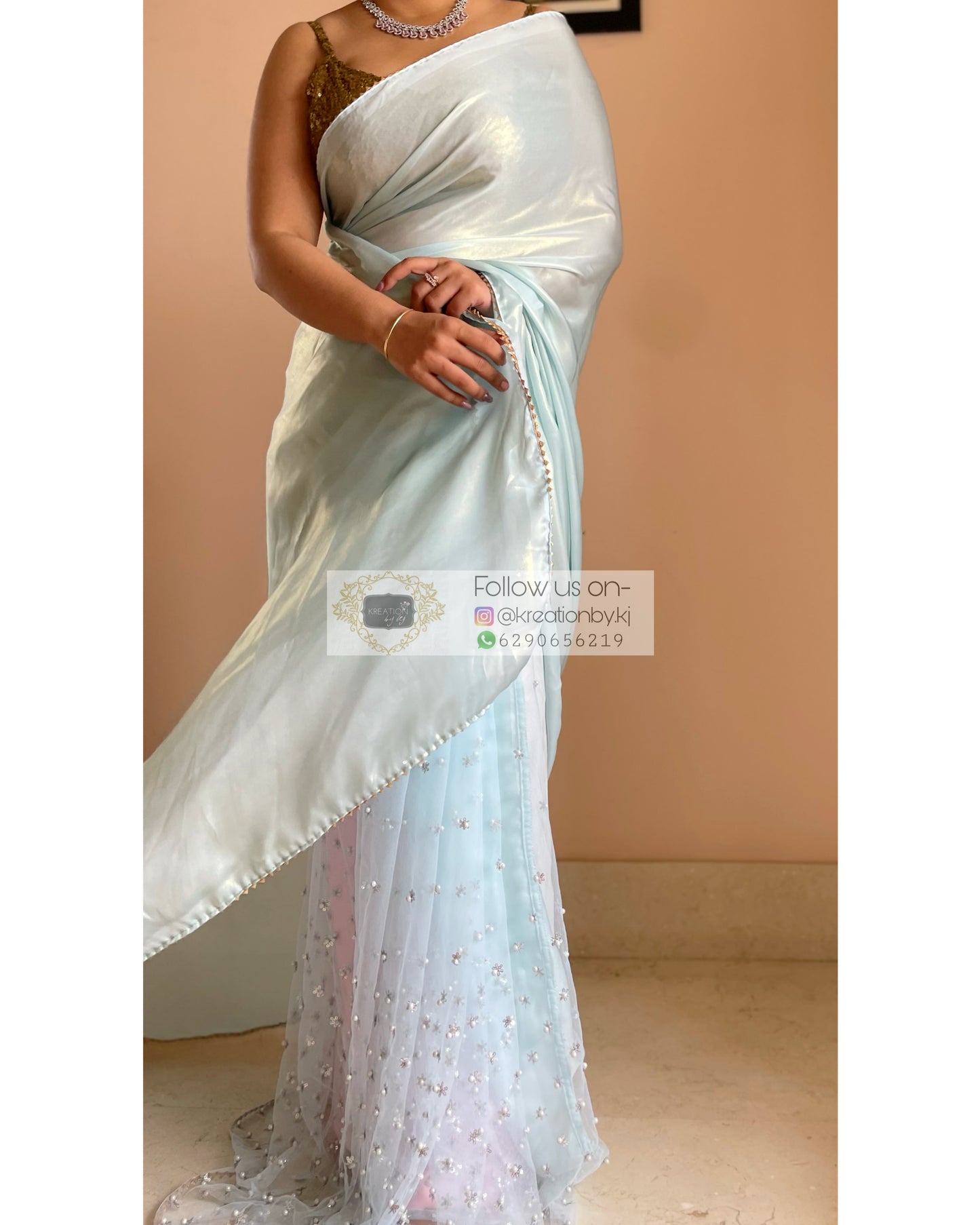 Ice Blue Shimmer Sequins Saree - kreationbykj