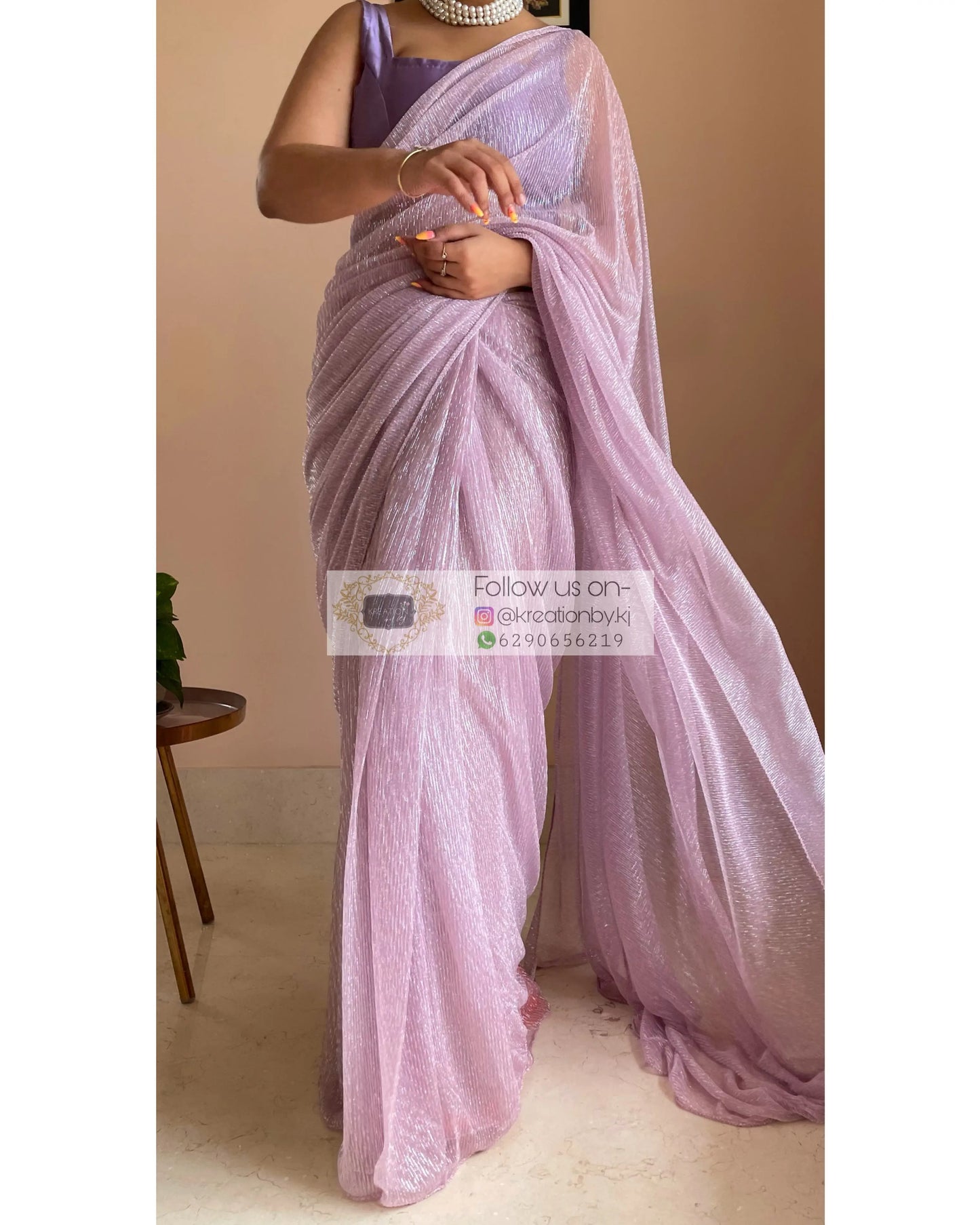 Lilac Shimmer Pleated Net Saree For Romantic Date kreationbykj