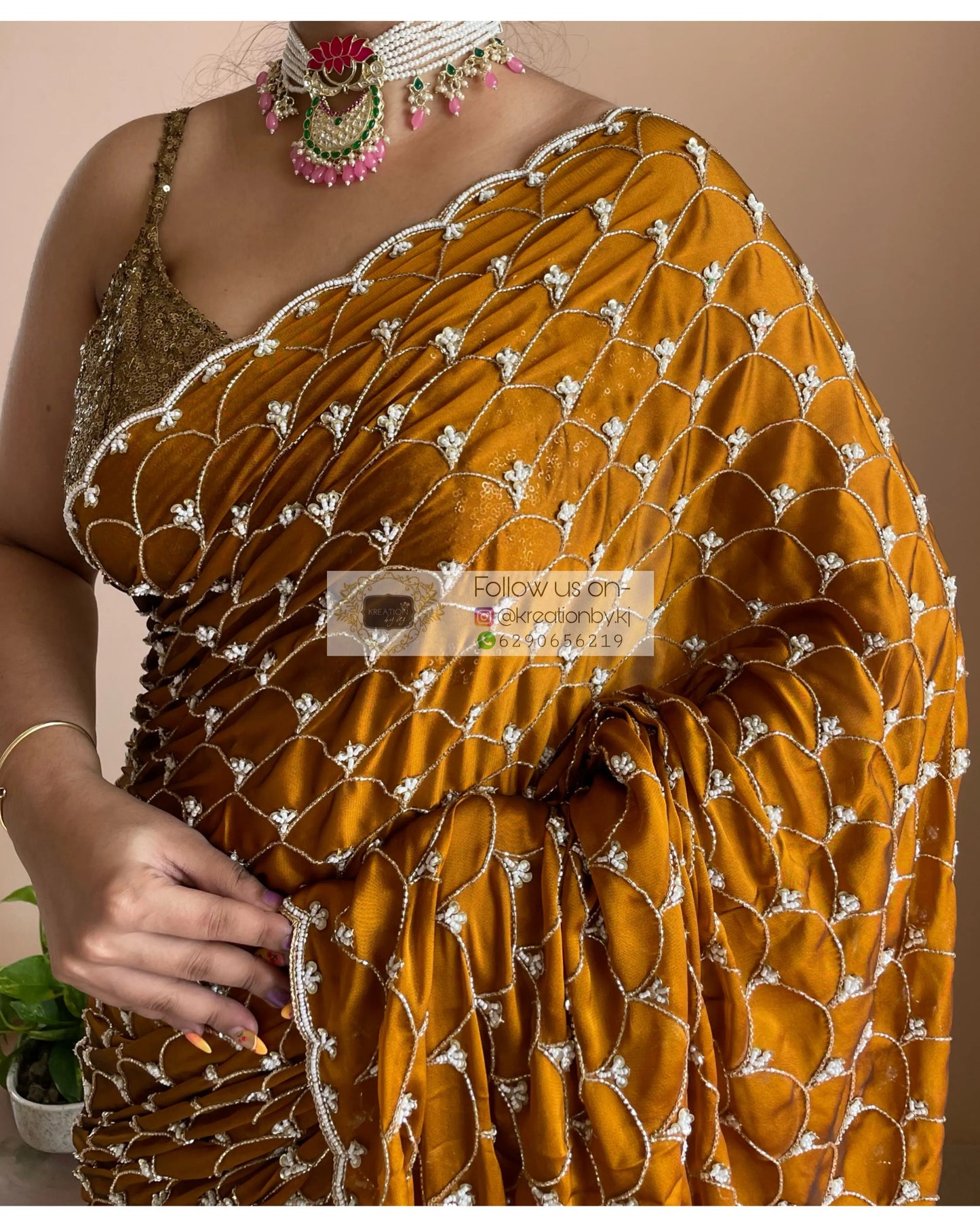 Mustard Golden Cutdana Mehraab Jaal Saree for Haldi kreationbykj