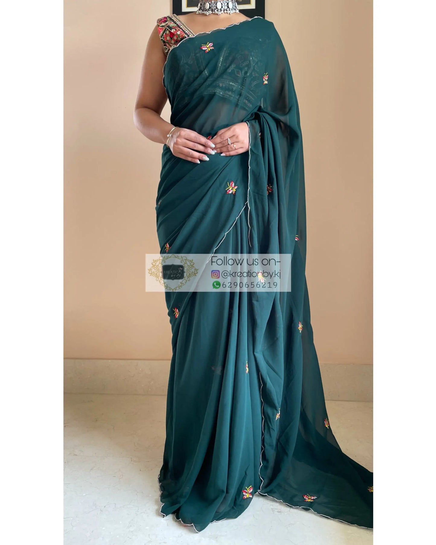 Bottle Green Butterflies on A Fence Saree - kreationbykj