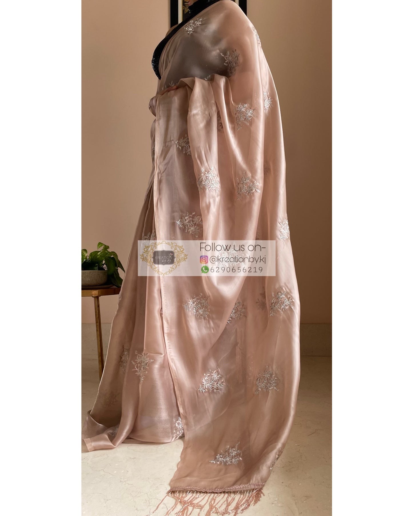Beige Glass Organza Saree with Embroidery kreationbykj