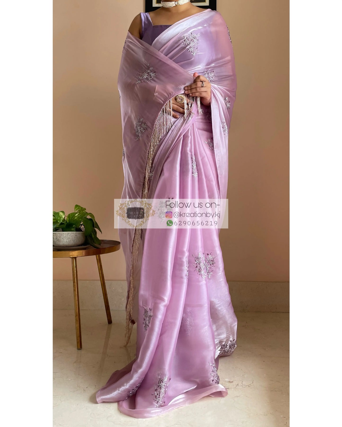 Lilac Glass Organza Saree with Embroidery kreationbykj