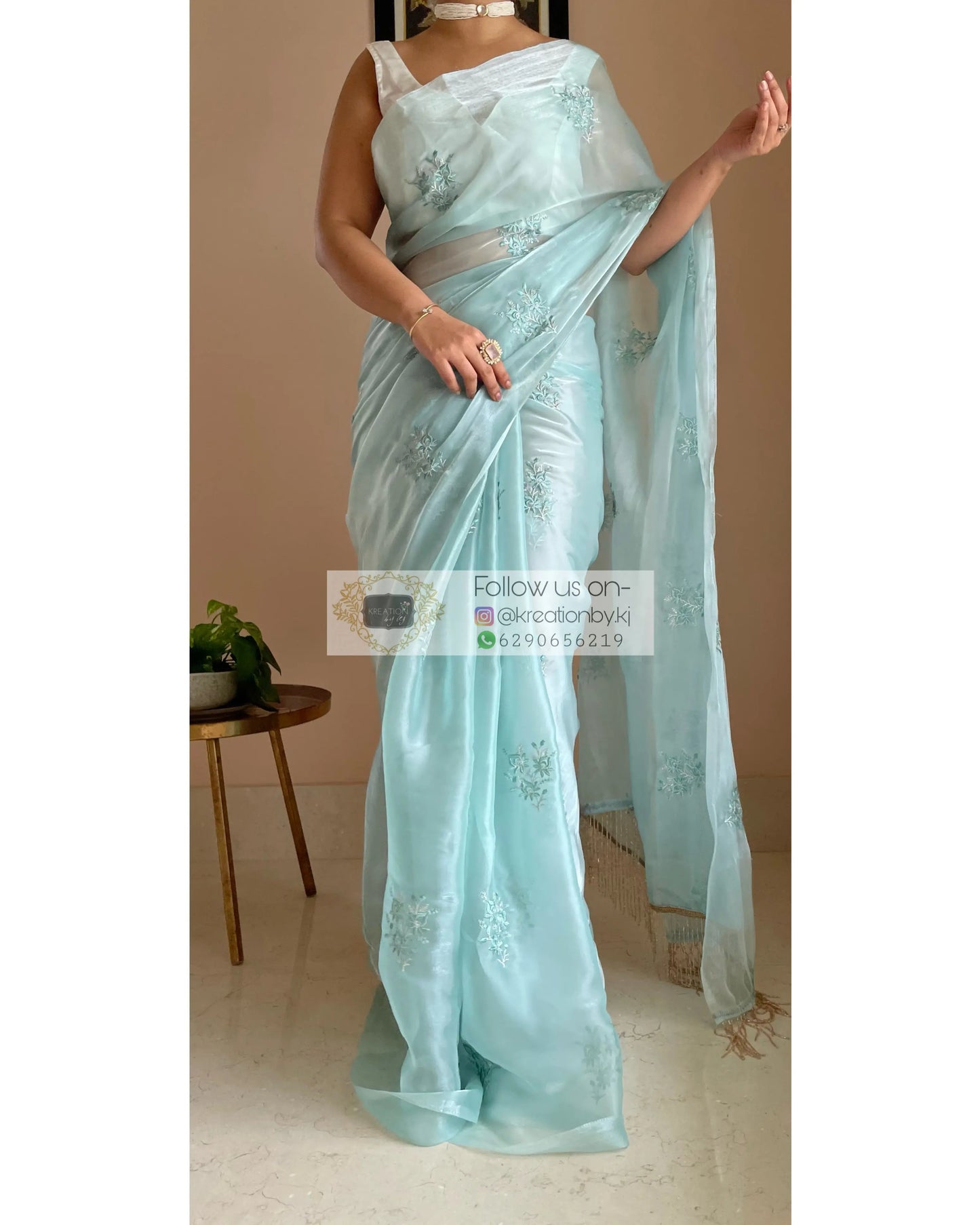Blue Glass Organza Saree with Embroidery kreationbykj