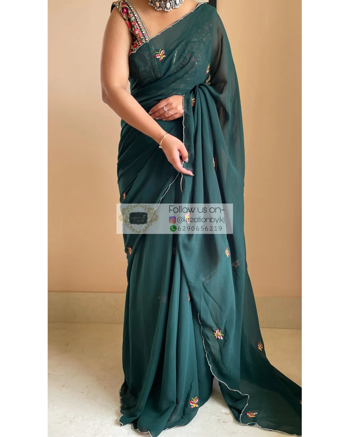 Bottle Green Butterflies on A Fence Saree - kreationbykj