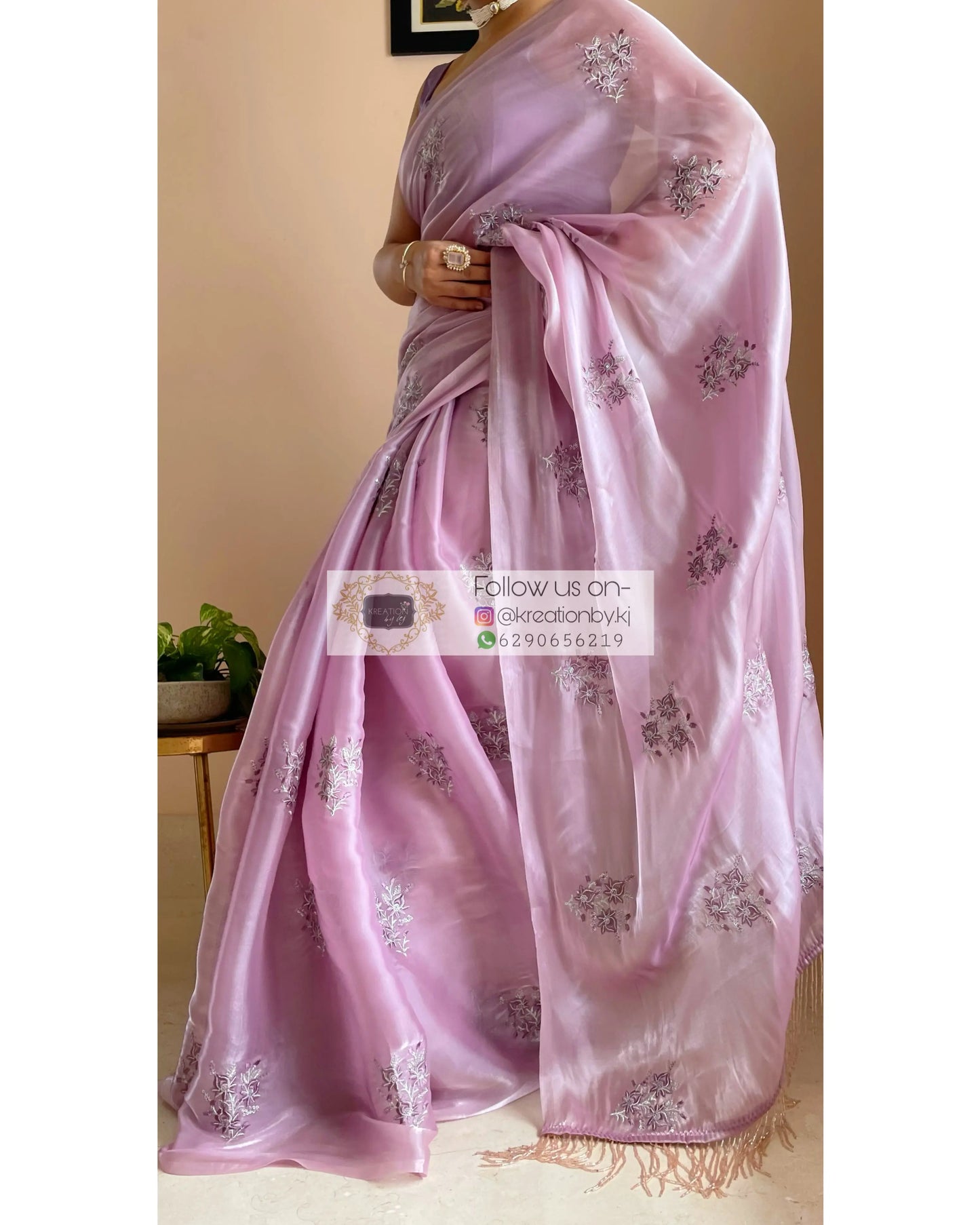 Lilac Glass Organza Saree with Embroidery kreationbykj