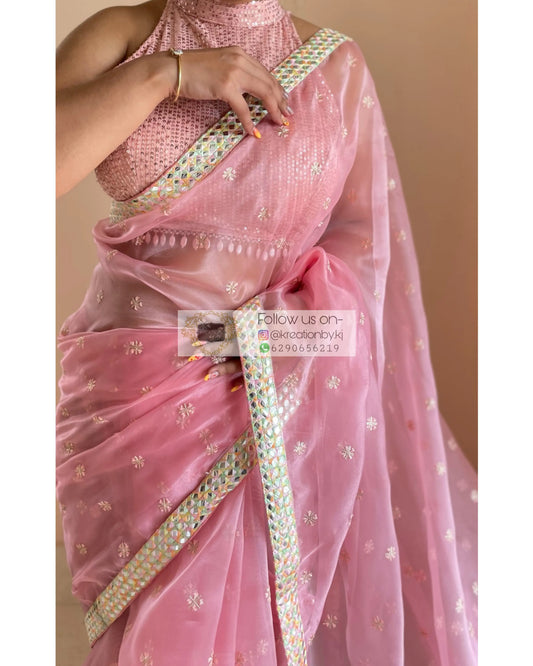 Blush Pink Organza Saree with Border