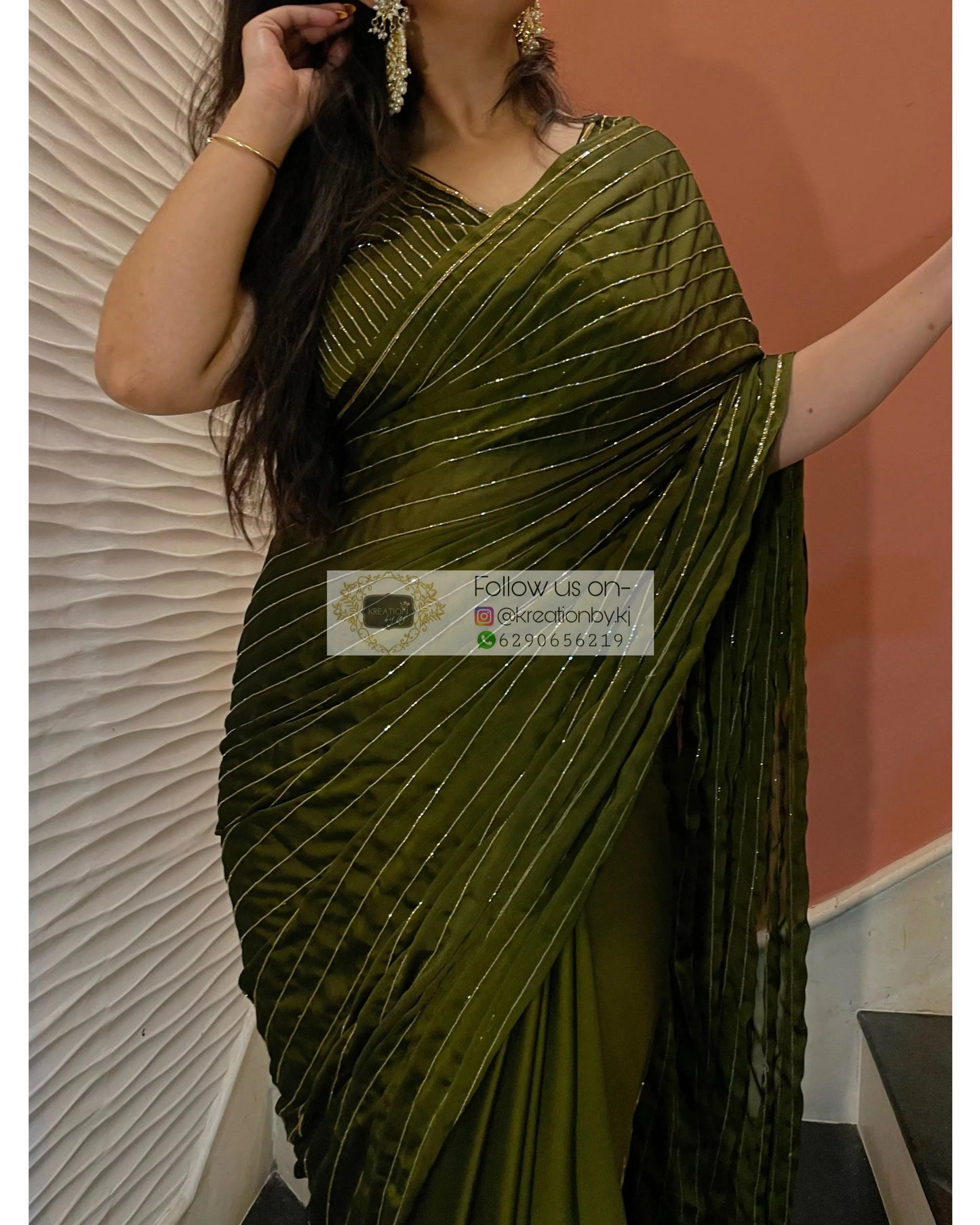 Olive Green Georgette Noorani Cocktail Saree kreationbykj