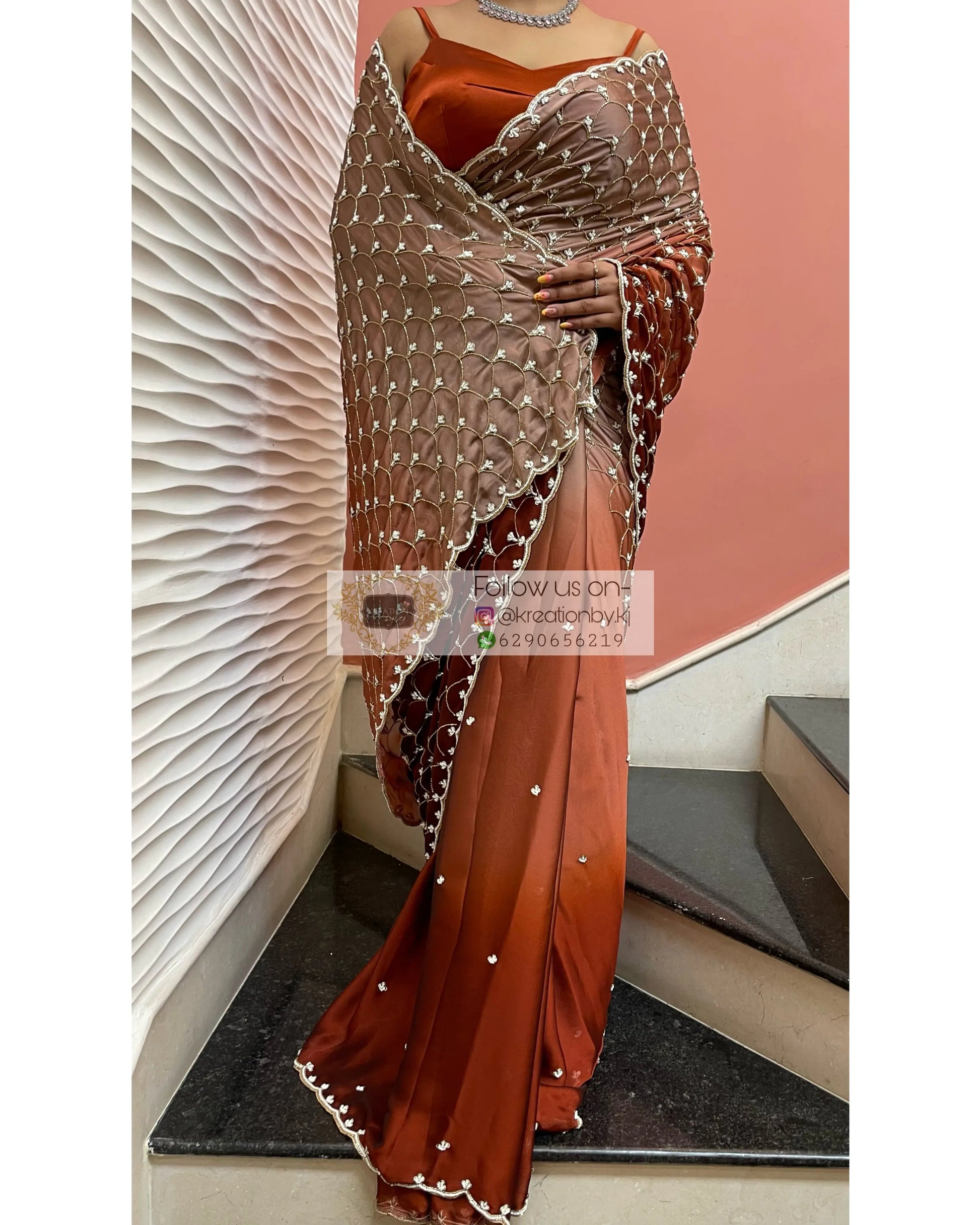 Espresso Martini Ombré Cutdana Mehraab Jaal  Designer Saree kreationbykj
