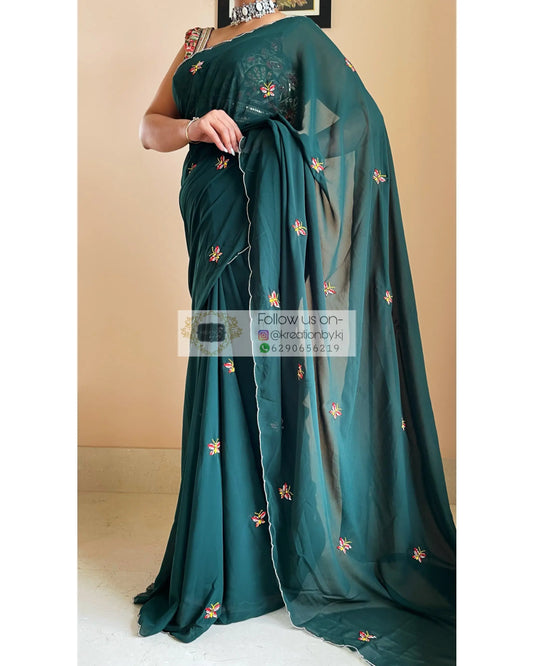Bottle Green Butterflies on A Fence Saree - kreationbykj