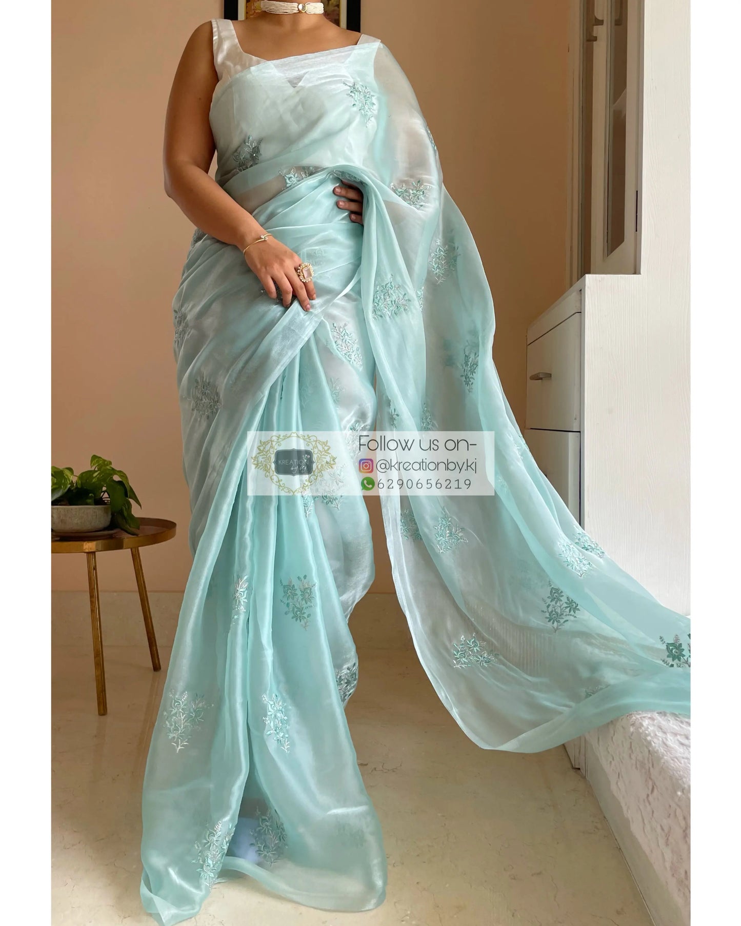 Blue Glass Organza Saree with Embroidery kreationbykj