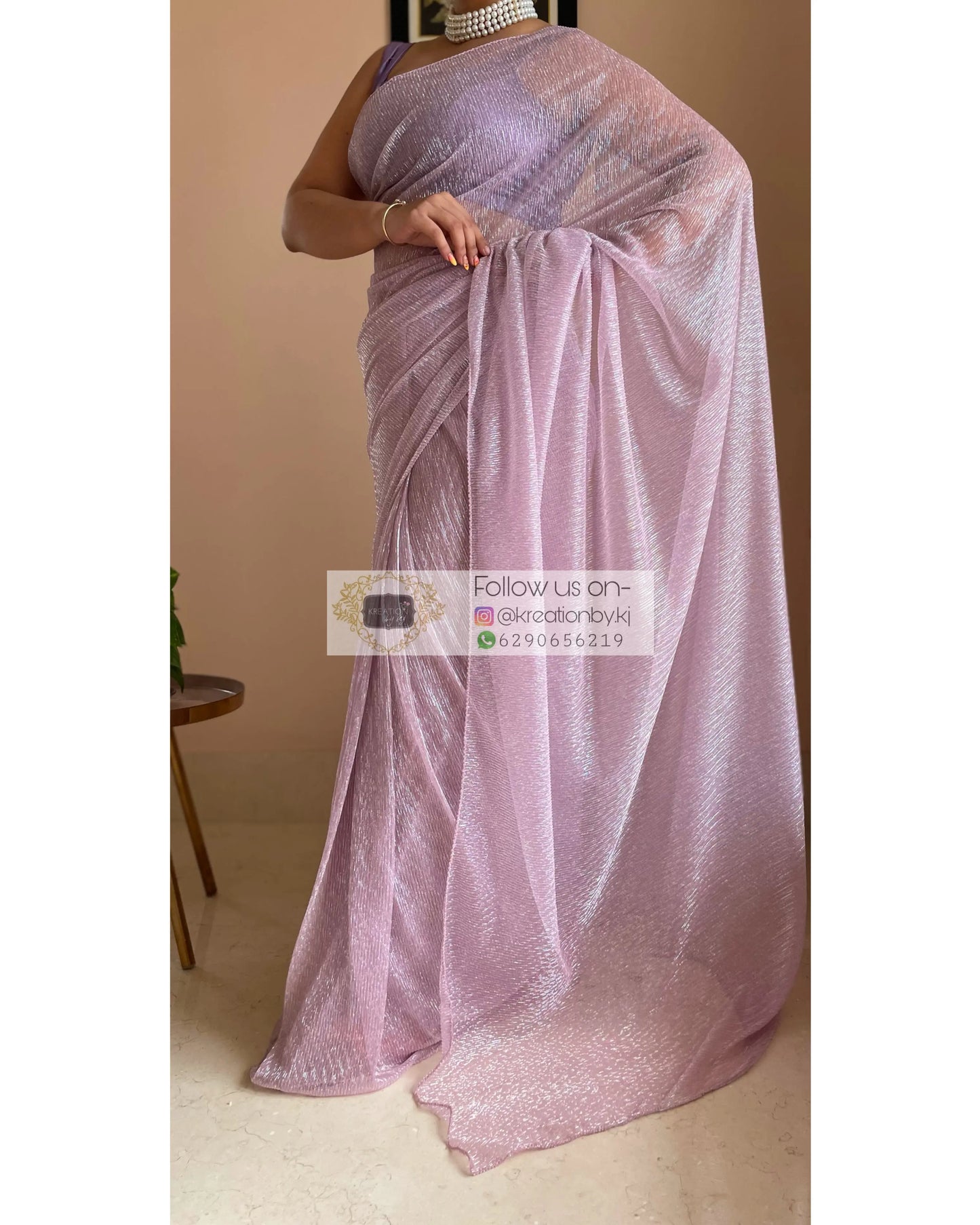 Lilac Shimmer Pleated Net Saree For Romantic Date kreationbykj