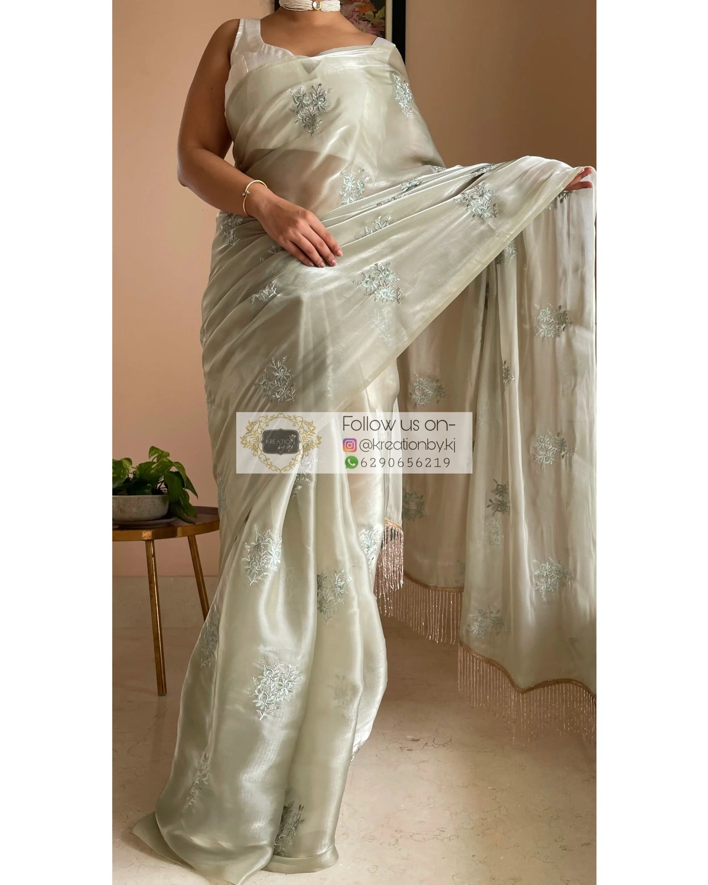 Ash Green Glass Organza Saree with Embroidery kreationbykj