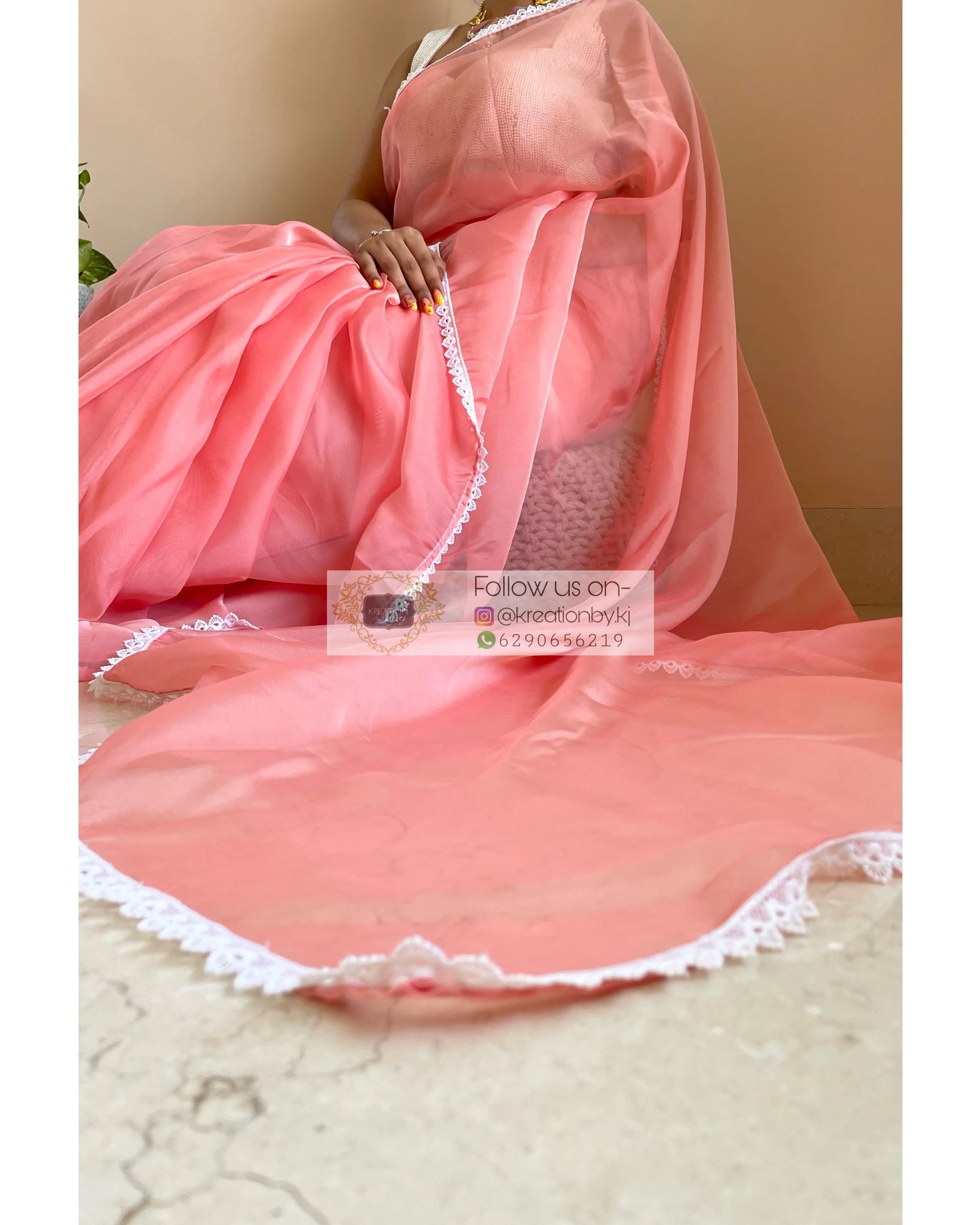 Peach Organza Saree with Pearl Blouse Piece kreationbykj