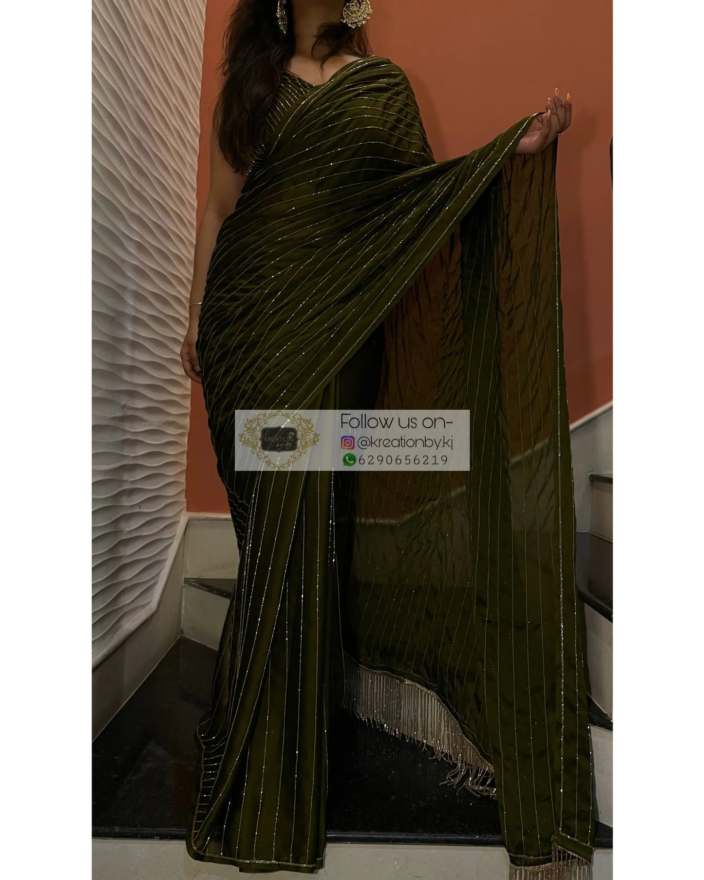 Olive Green Georgette Noorani Cocktail Saree kreationbykj