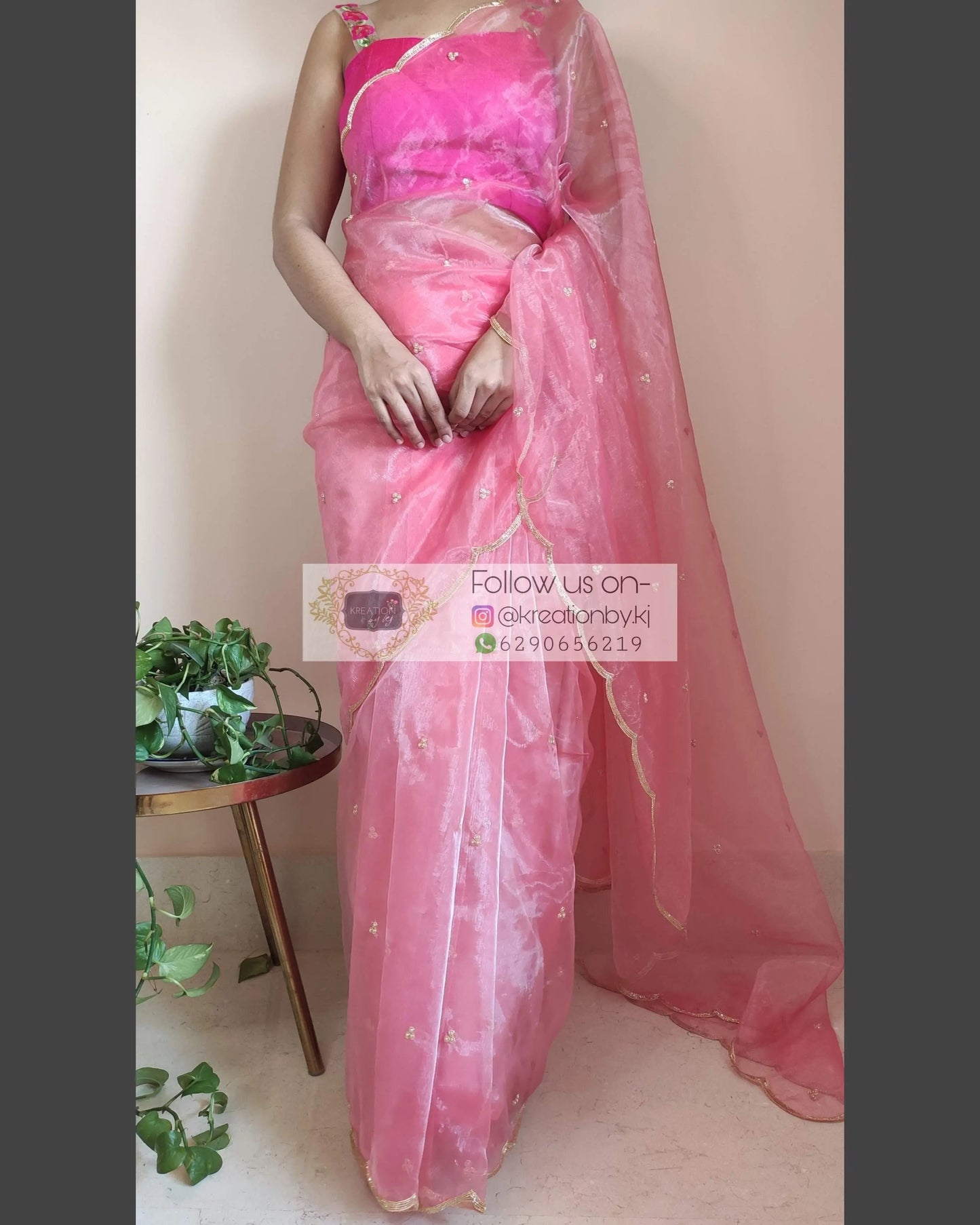 Peach Glass Tissue Saree with scalloping - kreationbykj