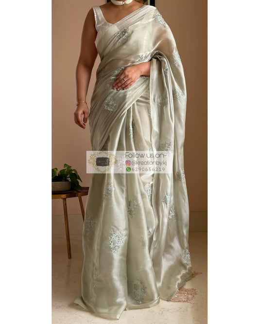 Ash Green Glass Organza Saree with Embroidery kreationbykj